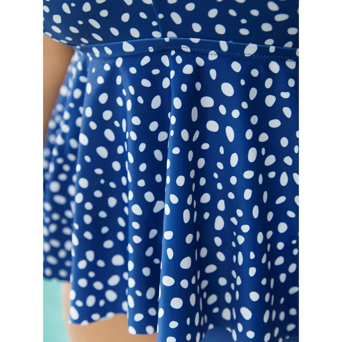 Plus Size Polka Dot Ruffle Hem Crisscross Neck Tankini Top Women's Swimwear Blue Vacation Adjustable Straps High stretch Bodycon V-neck Curve Swim Tops BloomChic 26/4X Product Image