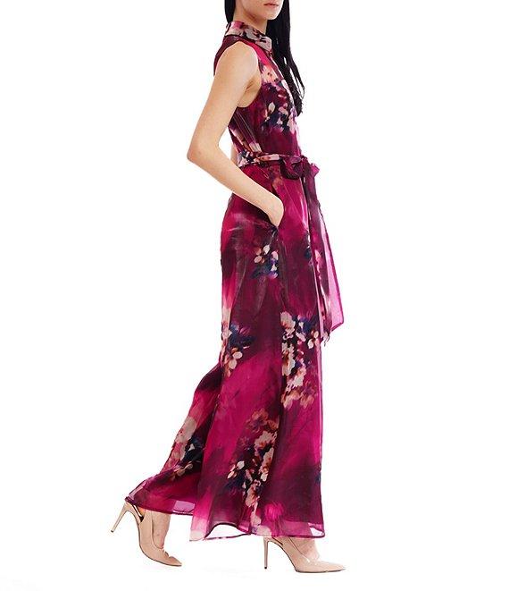 Julia Jordan Floral Print Collar Neckline Self Tie Sleeveless Wide Leg Jumpsuit Product Image