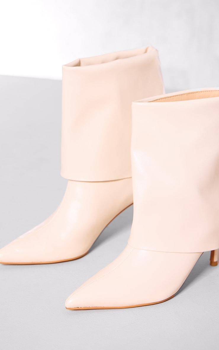 Cream PU Point Toe Fold Over Low Heeled Ankle Boots Product Image