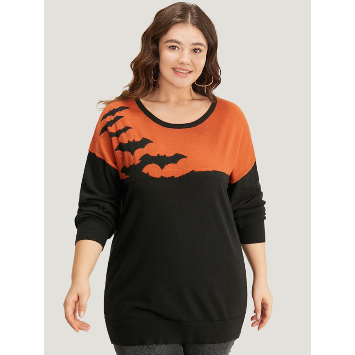 Plus Size Halloween Supersoft Essentials Two Tone Bat Print Pullover Black Women Casual Long Sleeve Round Neck Festival-Halloween Pullovers BloomChic 26/4X Product Image
