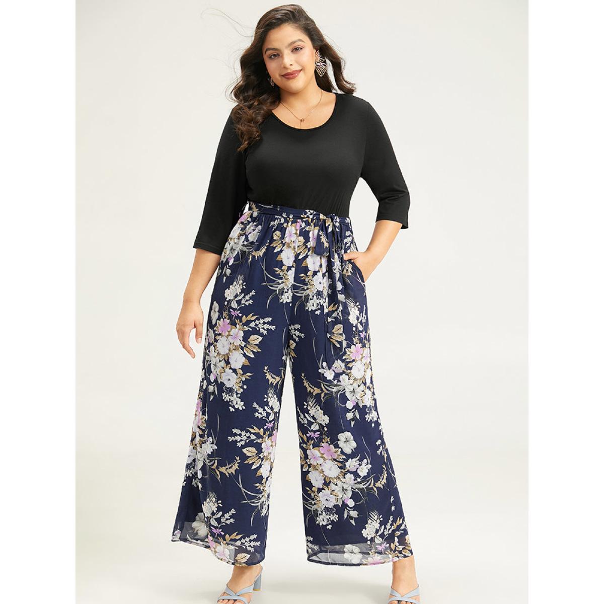 Plus Size Indigo Floral Patchwork Belted Jumpsuit Women Elegant Elbow-length sleeve Round Neck Everyday Loose Jumpsuits BloomChic 28/5X Product Image