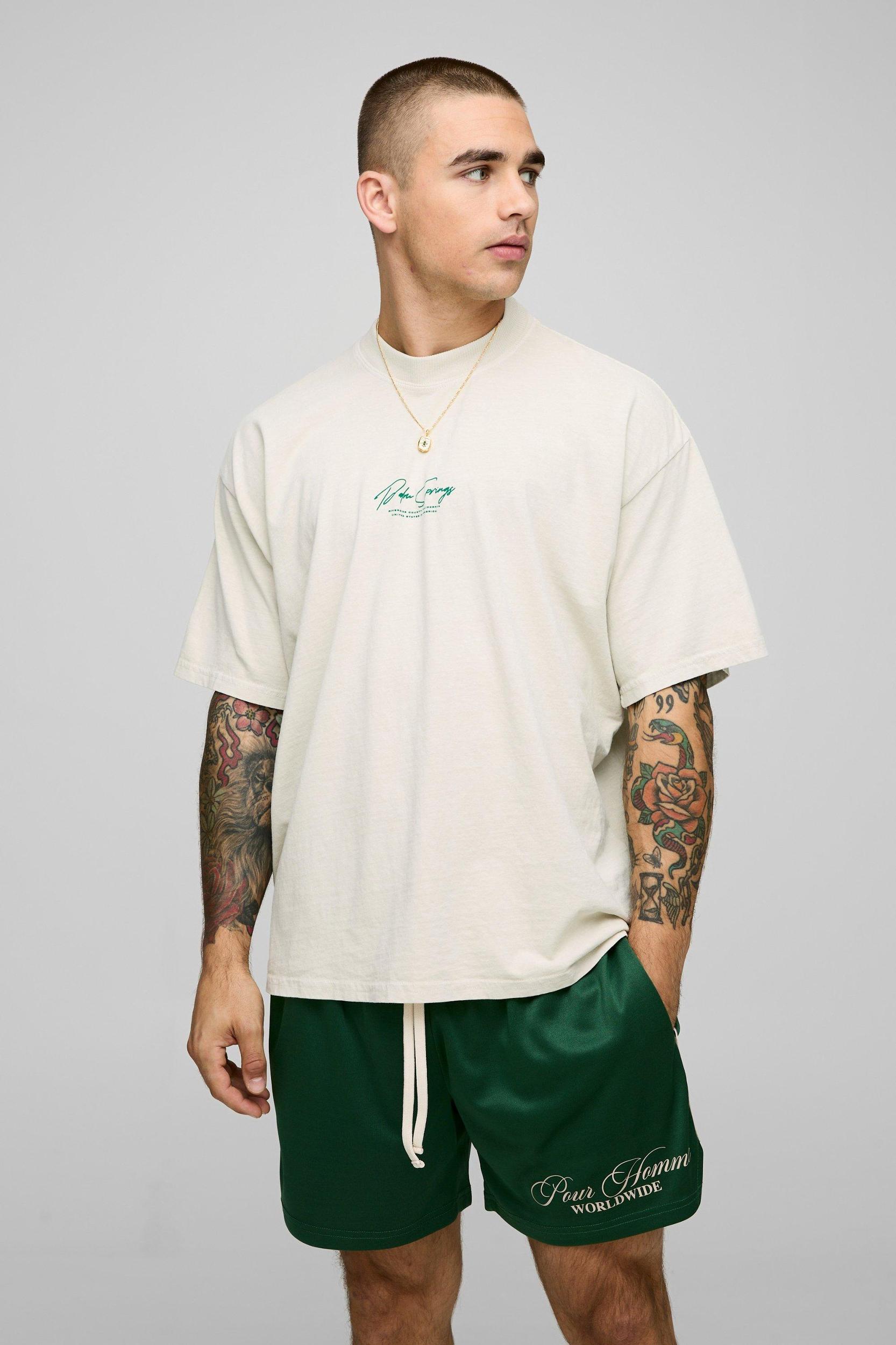 Oversized Extended Neck Palm Springs Graphic Washed T-Shirt | boohooMAN USA Product Image