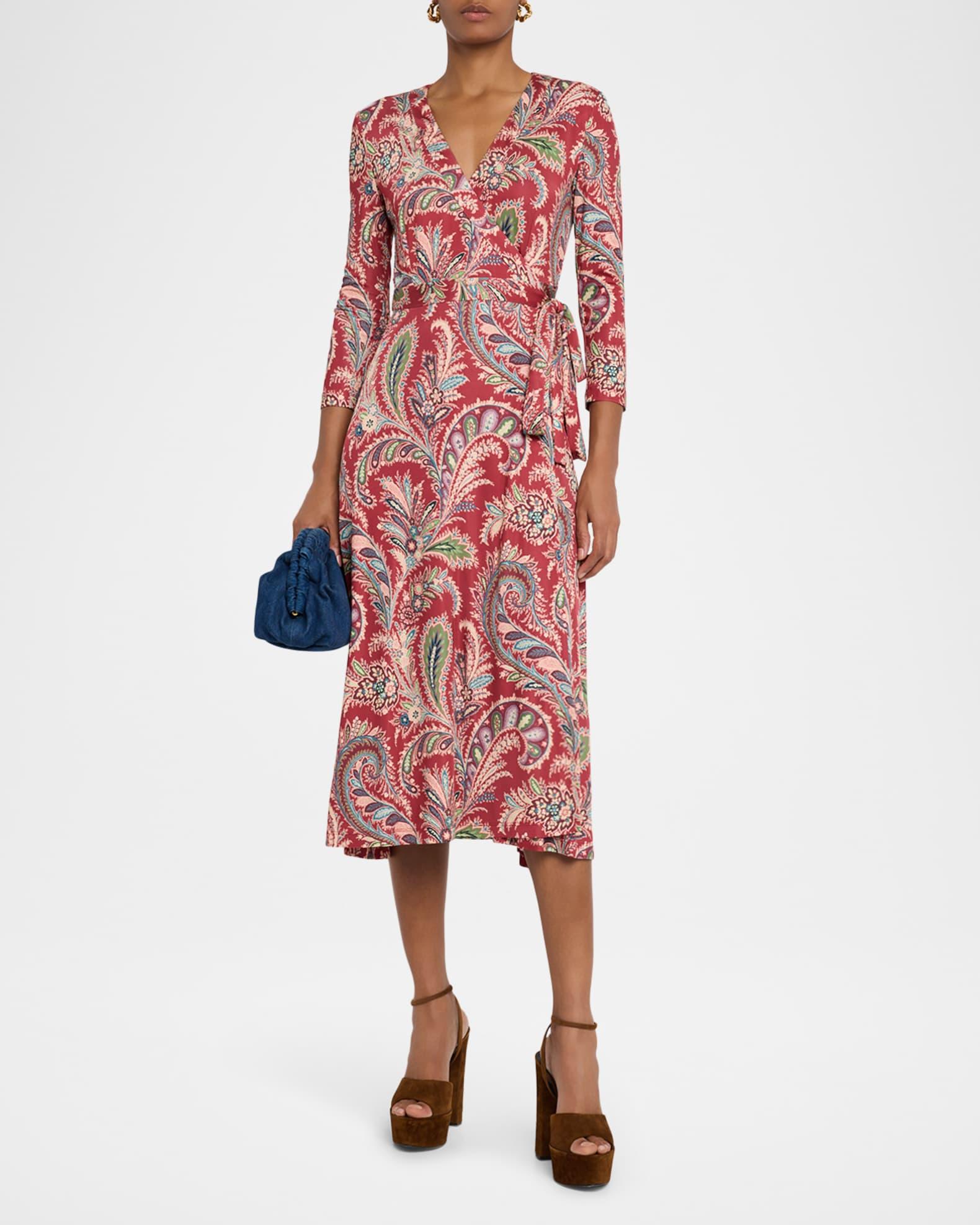 Paisley-Print Bracelet-Sleeve Wrap Midi Dress Product Image