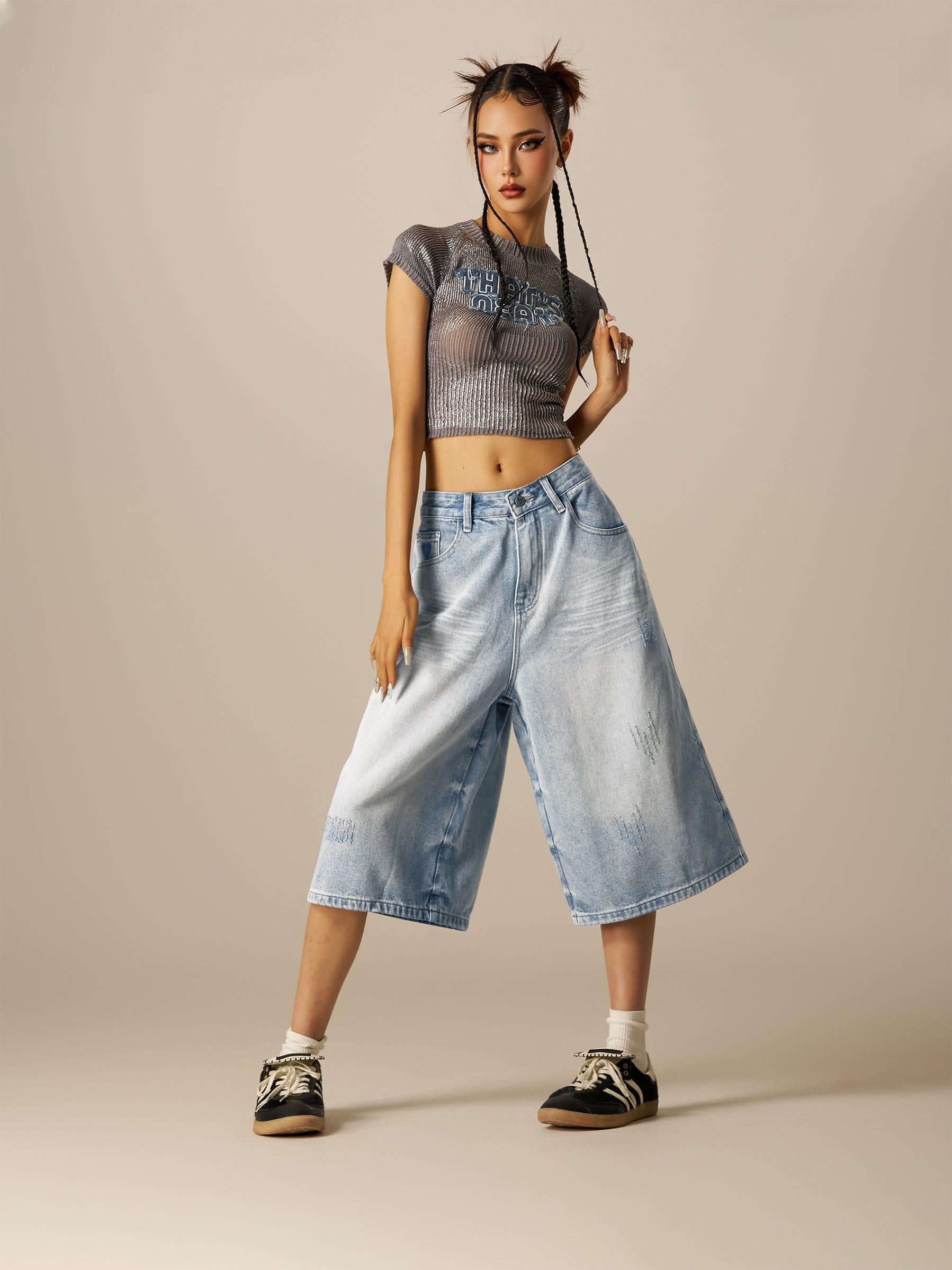 Aelfric Eden Distressed Washed Loose Longline Jorts Product Image