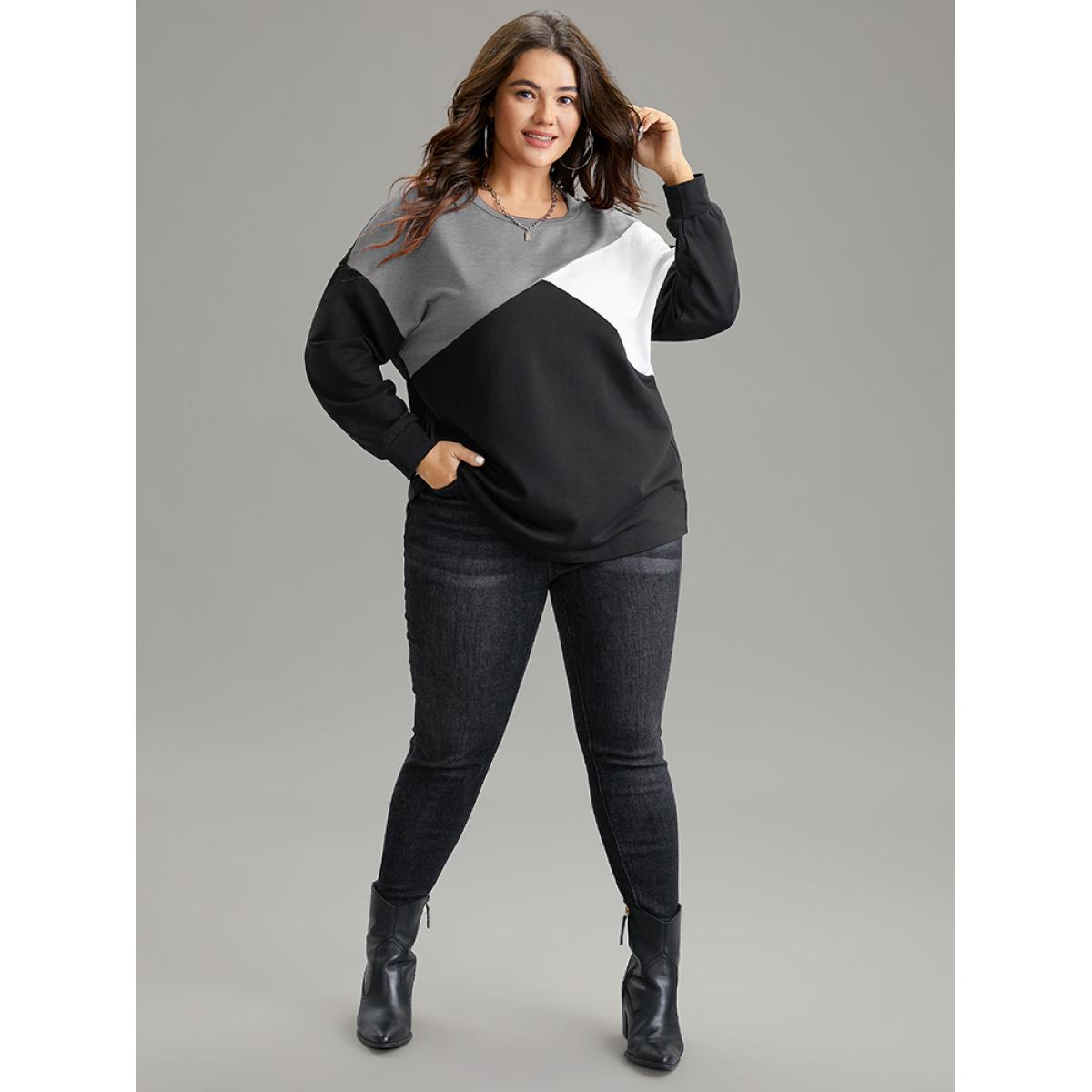 Plus Size Colorblock Contrast Round Neck Drop Shoulder Sweatshirt Women Gray Casual Contrast Round Neck Dailywear Sweatshirts BloomChic 18-20/2X Product Image