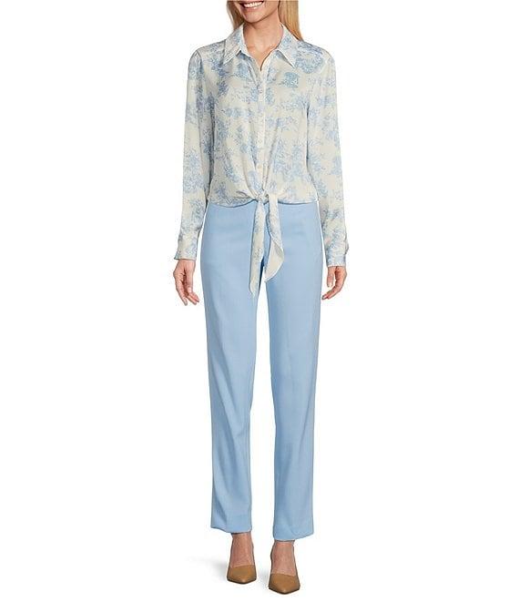 Preston & York Kinsley Satin Long Sleeve Button Tie Front Blouse Product Image