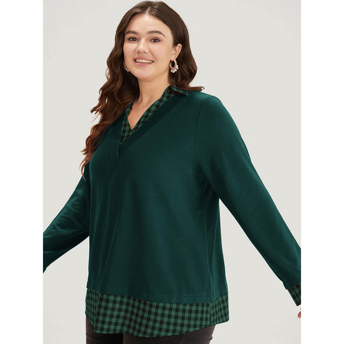 Plus Size Gingham Patchwork Shirt Collar Arc Hem Sweatshirt Women Green Casual Patchwork V-neck Everyday Sweatshirts BloomChic 26/4X Product Image