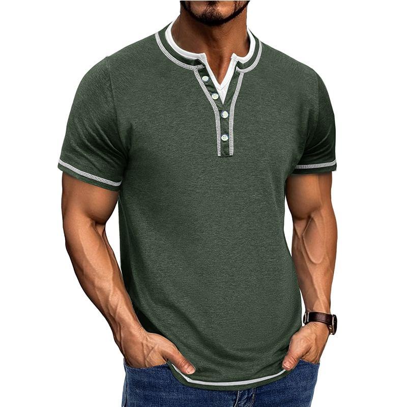 Mock Two-Piece Short-Sleeve Contrast Stitched Henley T-Shirt Product Image