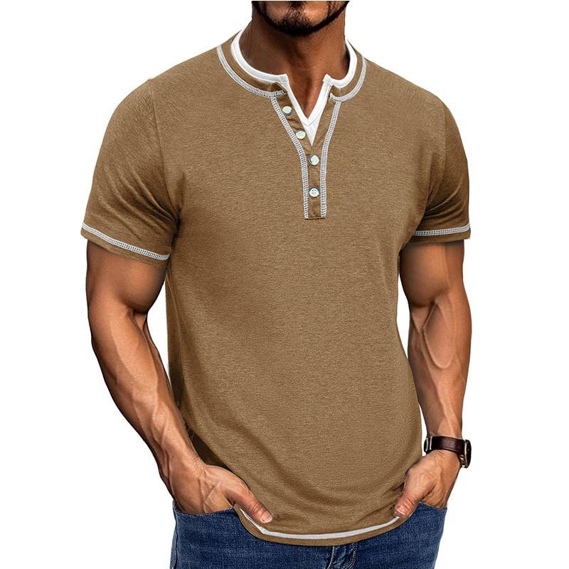 Mock Two-Piece Short-Sleeve Contrast Stitched Henley T-Shirt Product Image