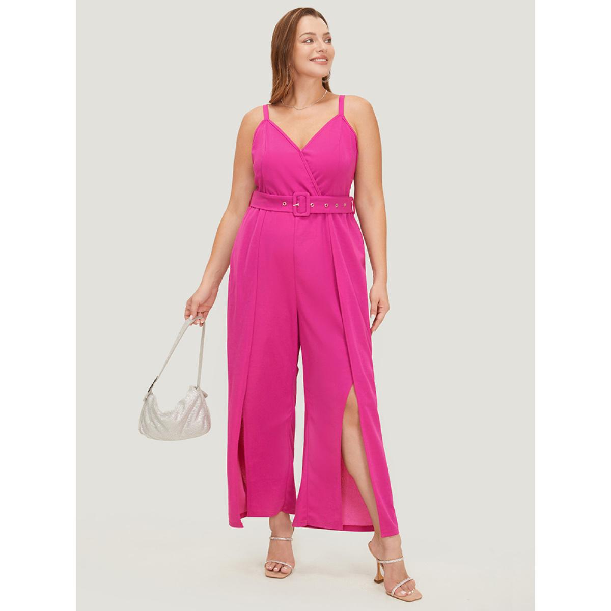 Plus Size Magenta Plain Pocket Wrap Buckle Belt Jumpsuit Women Glamour Sleeveless Spaghetti Strap Going out Loose Jumpsuits BloomChic 26/4X Product Image