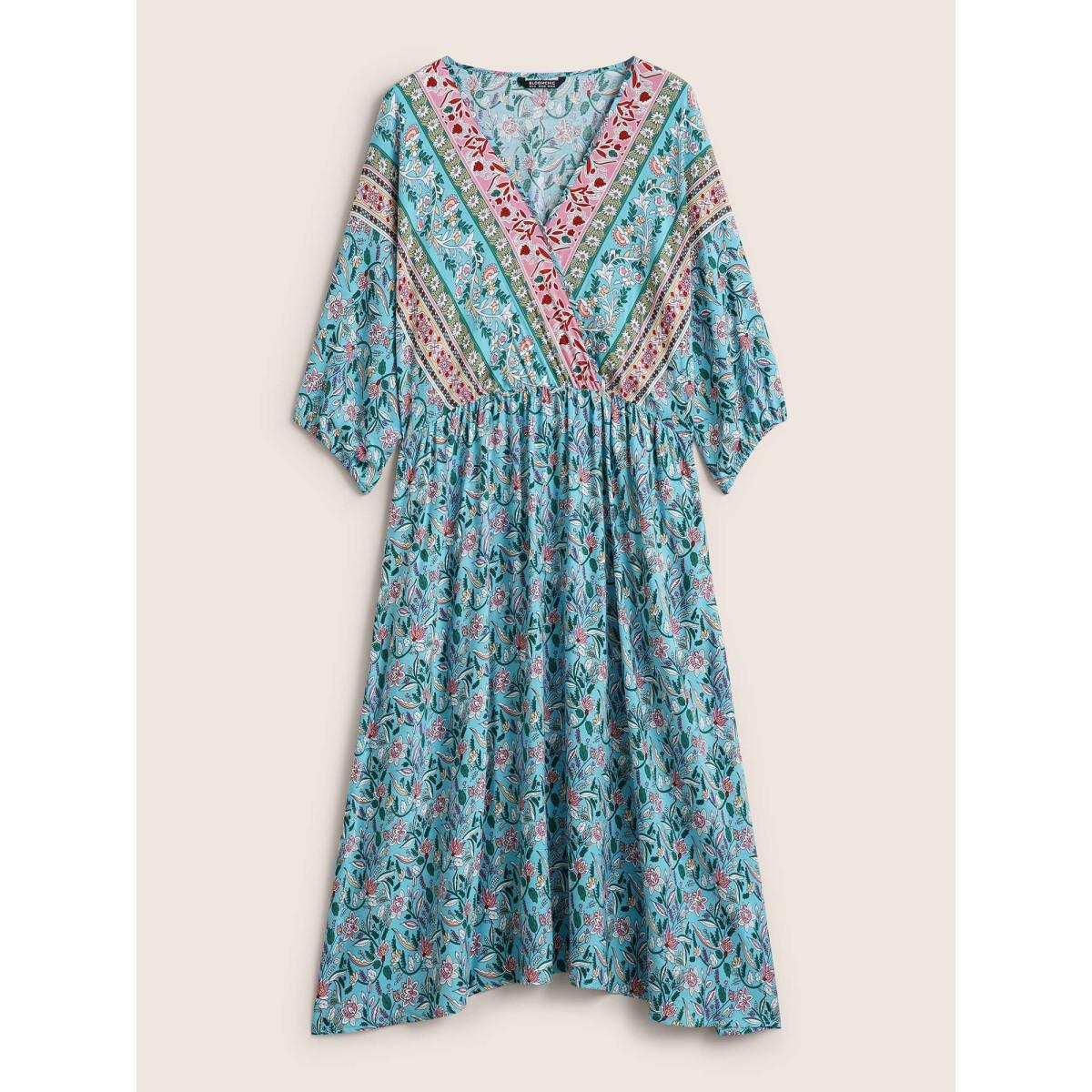 Plus Size Boho Print Wrap Elastic Waist Lantern Sleeve Dress Turquoise Women Resort Overlapping Overlap Collar Elbow-length sleeve Curvy Midi Dress BloomChic 26/4X Product Image