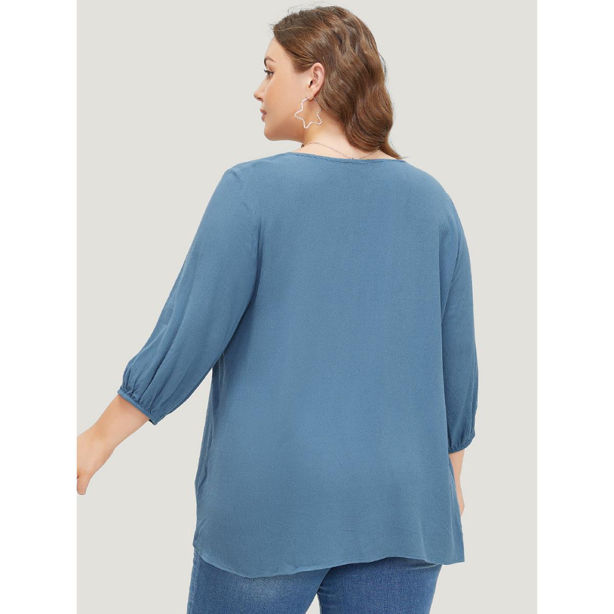 Plus Size Stone Plain Button Up Gathered Lantern Sleeve Blouse Women Elegant Elbow-length sleeve Round Neck Dailywear Blouses BloomChic 14-16/1X Product Image