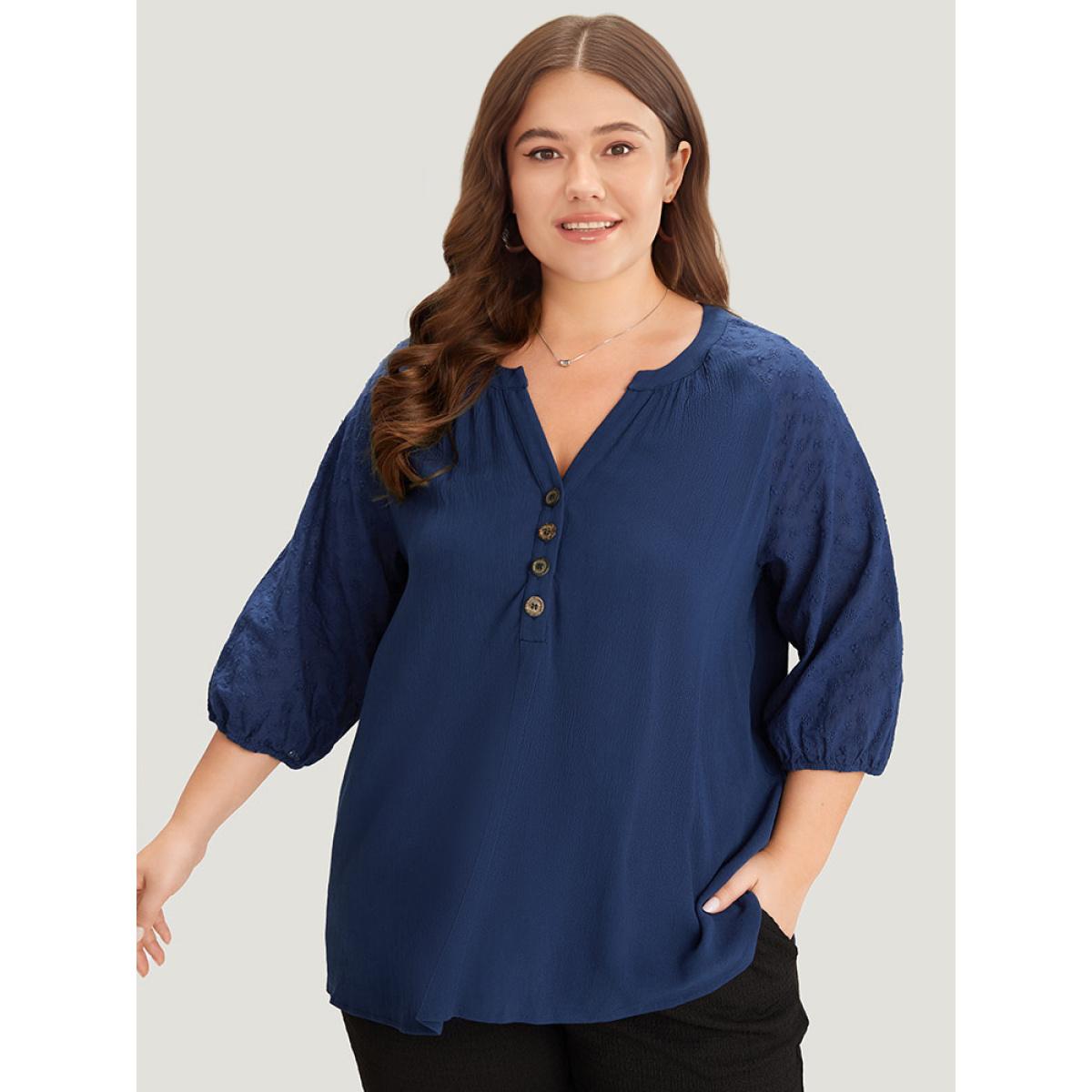 Plus Size Indigo Solid Button Up Patchwork Notched Lantern Sleeve Blouse Women Office Elbow-length sleeve Notched collar Office Blouses BloomChic 12/L Product Image