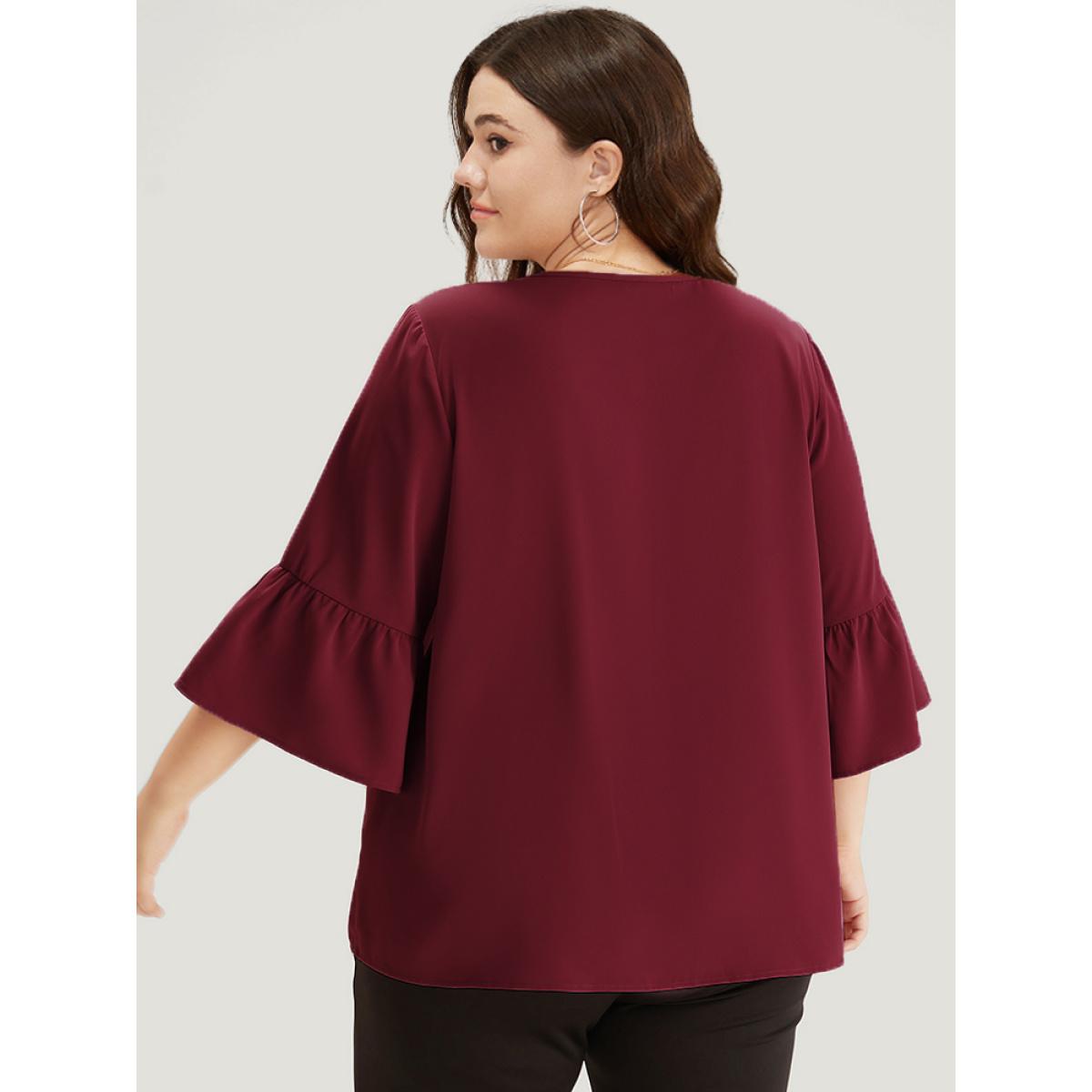 Plus Size Cyan Plain Keyhole Bell Sleeve Button Detail Blouse Women Office Elbow-length sleeve V-neck Office Blouses BloomChic 14-16/1X Product Image
