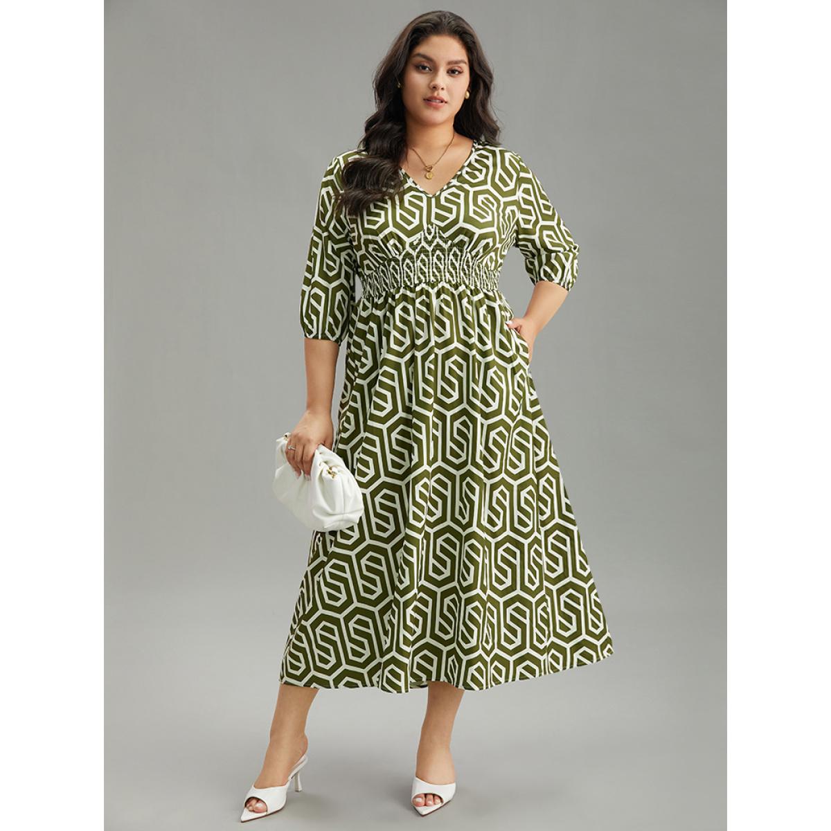 Plus Size Geometric Print V Neck Shirred Dress ArmyGreen Women Office Elastic cuffs V-neck Elbow-length sleeve Curvy Midi Dress BloomChic 26/4X Product Image