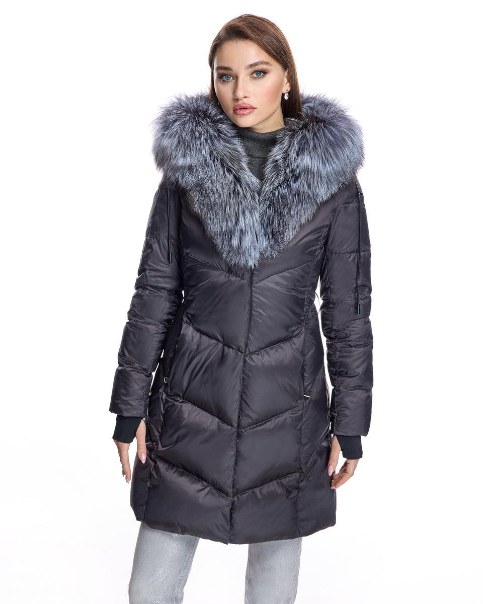 Julia & Stella Polyblend Jacket with Silver Fox Trimmed Hood Product Image