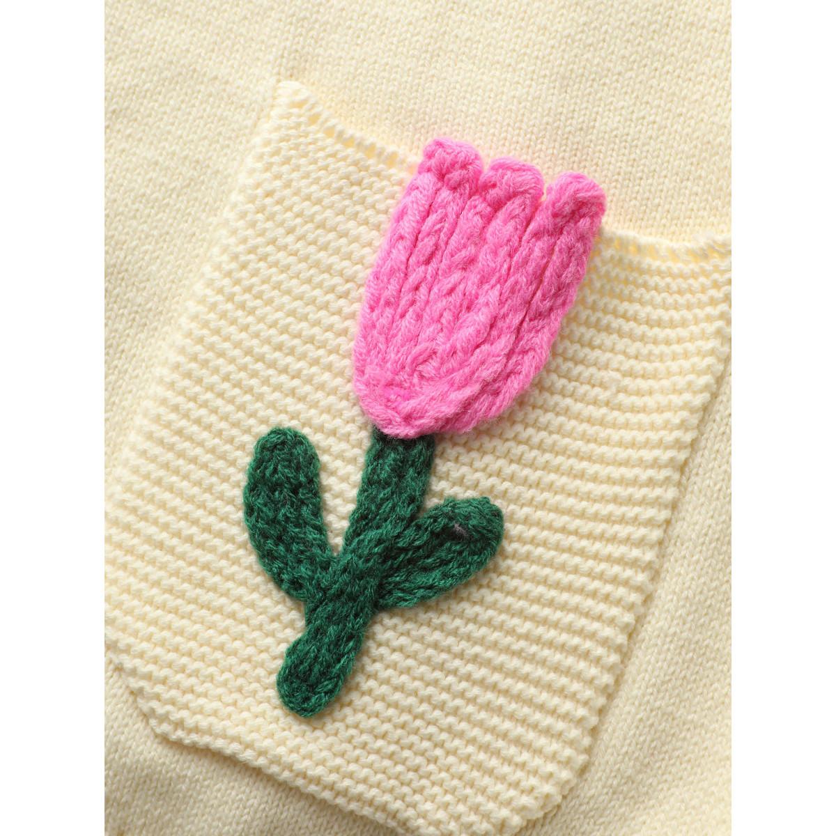 Plus Size Contrast Crochet Floral Patch Pocket Cardigan Beige Women Casual Loose Long Sleeve Everyday Cardigans BloomChic 12/L Product Image