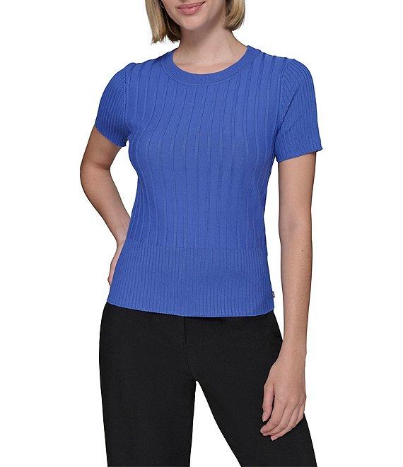 KARL LAGERFELD PARIS Knit Crew Neck Short Sleeve Ribbed Sweater Product Image