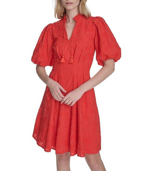 Eliza J Ruffle Stand Collar Short Puff Sleeve Emrboidered Cotton Fit & Flare Dress Product Image