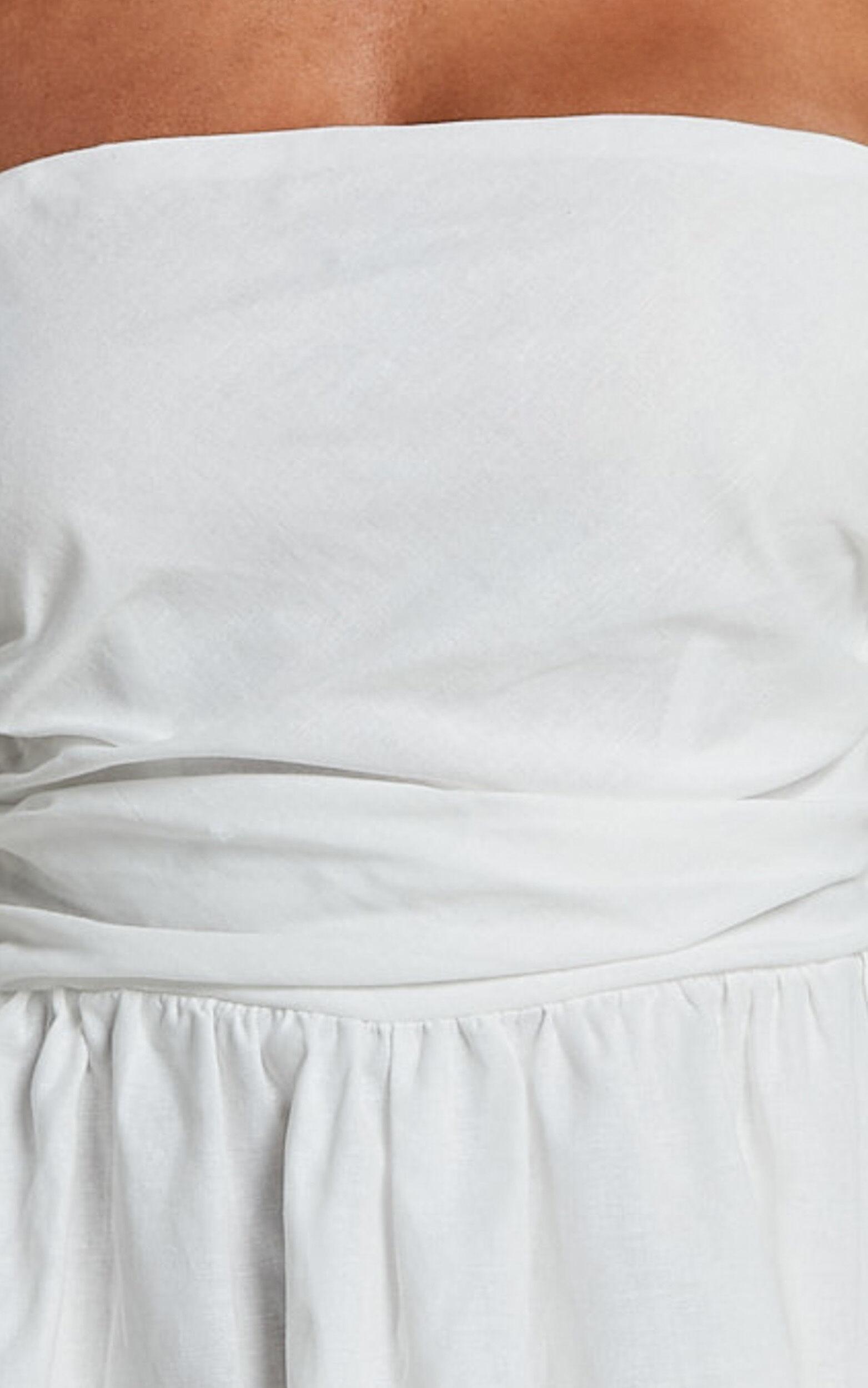 Claudina Mini Dress - Linen Look Puff Sleeve Ruched Bodice Dress in White Product Image