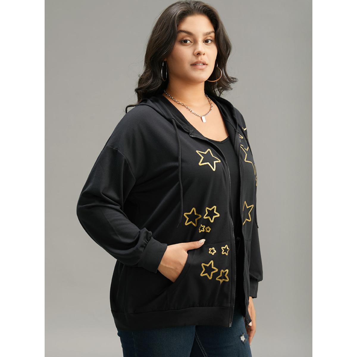 Plus Size Star Zipper Pocket Hooded Sweatshirt Women Black Casual Printed Hooded Dailywear Sweatshirts BloomChic 28/5X Product Image