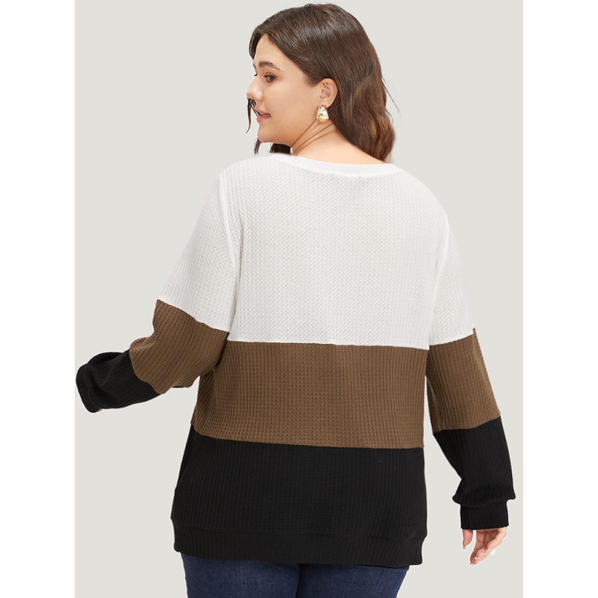 Plus Size Waffle Knit Patchwork Button Detail Contrast Sweatshirt Women Multicolor Leisure Elastic cuffs V-neck Casual Sweatshirts BloomChic 14-16/1X Product Image