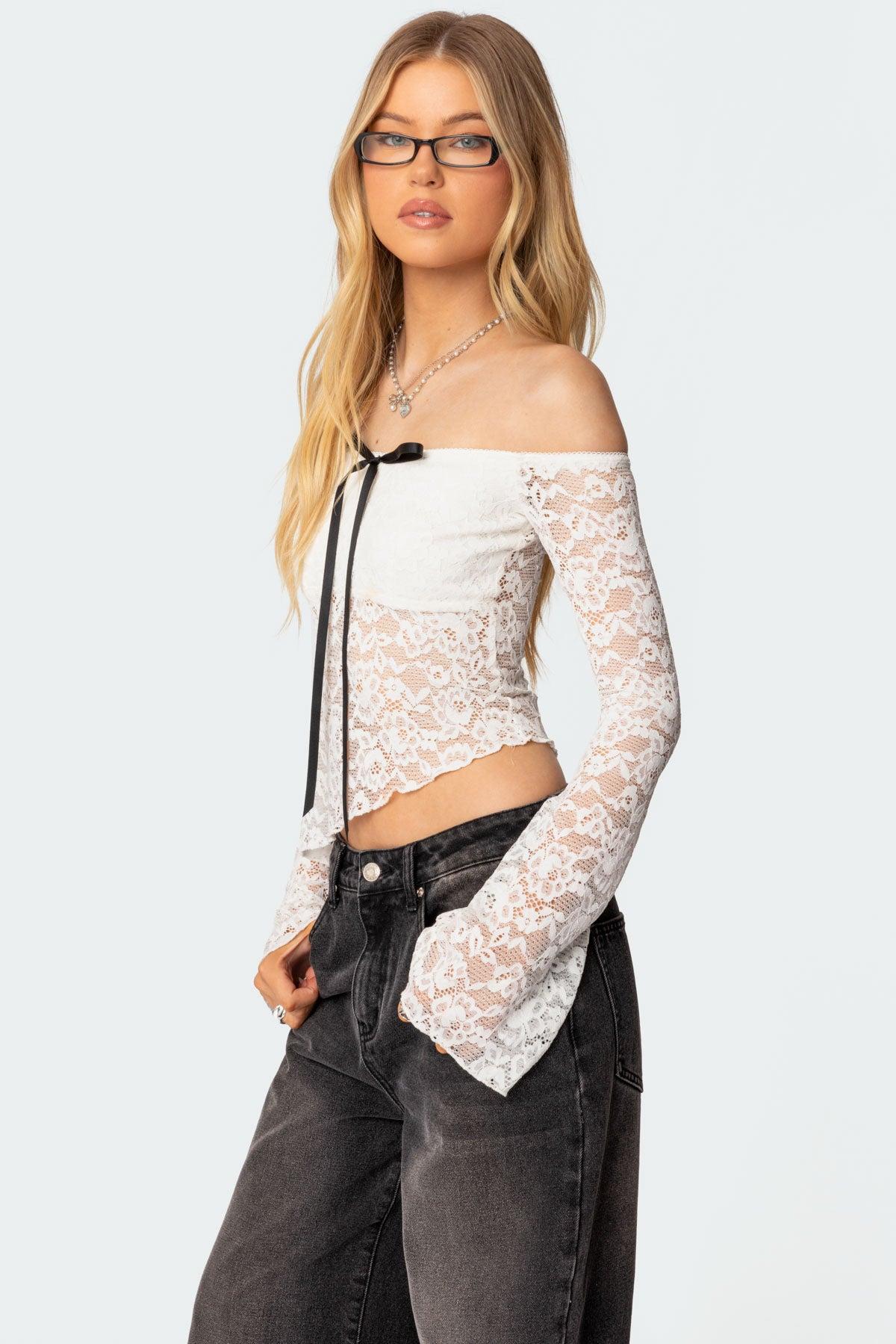 Asymmetric Sheer Lace Off Shoulder Top Product Image