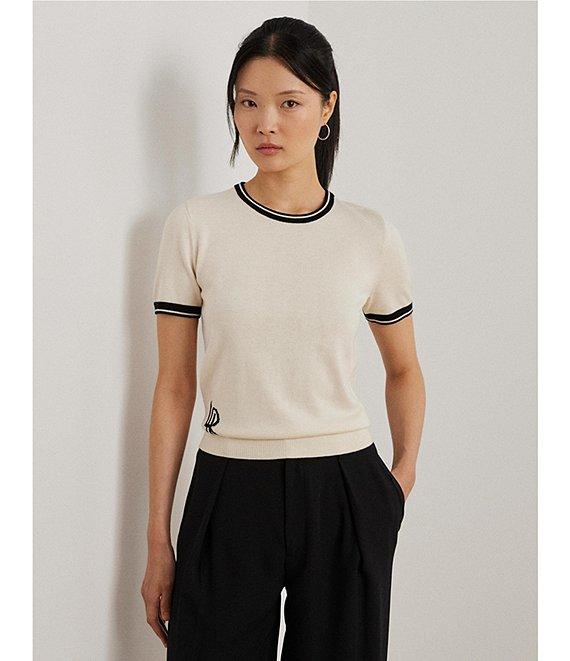 Lauren Ralph Lauren Petite Size Two-Tone Ribbed Crew Neck Short Sleeve Sweater Product Image