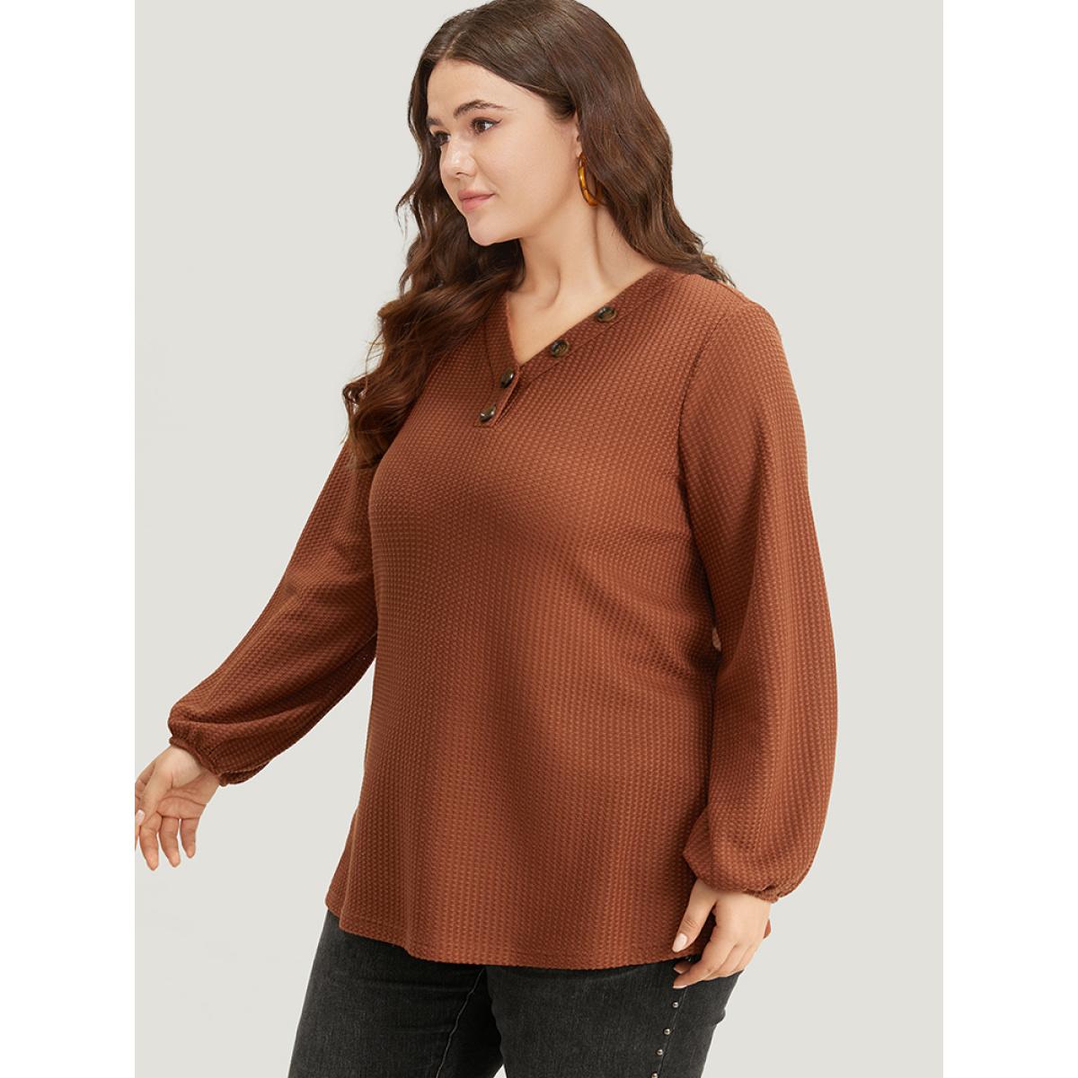 Plus Size Halloween Solid Waffle Knit Button Up Lantern Sleeve T-shirt Chocolate Women Casual Elastic cuffs Plain V-neck Festival-Halloween T-shirts BloomChic 28/5X Product Image