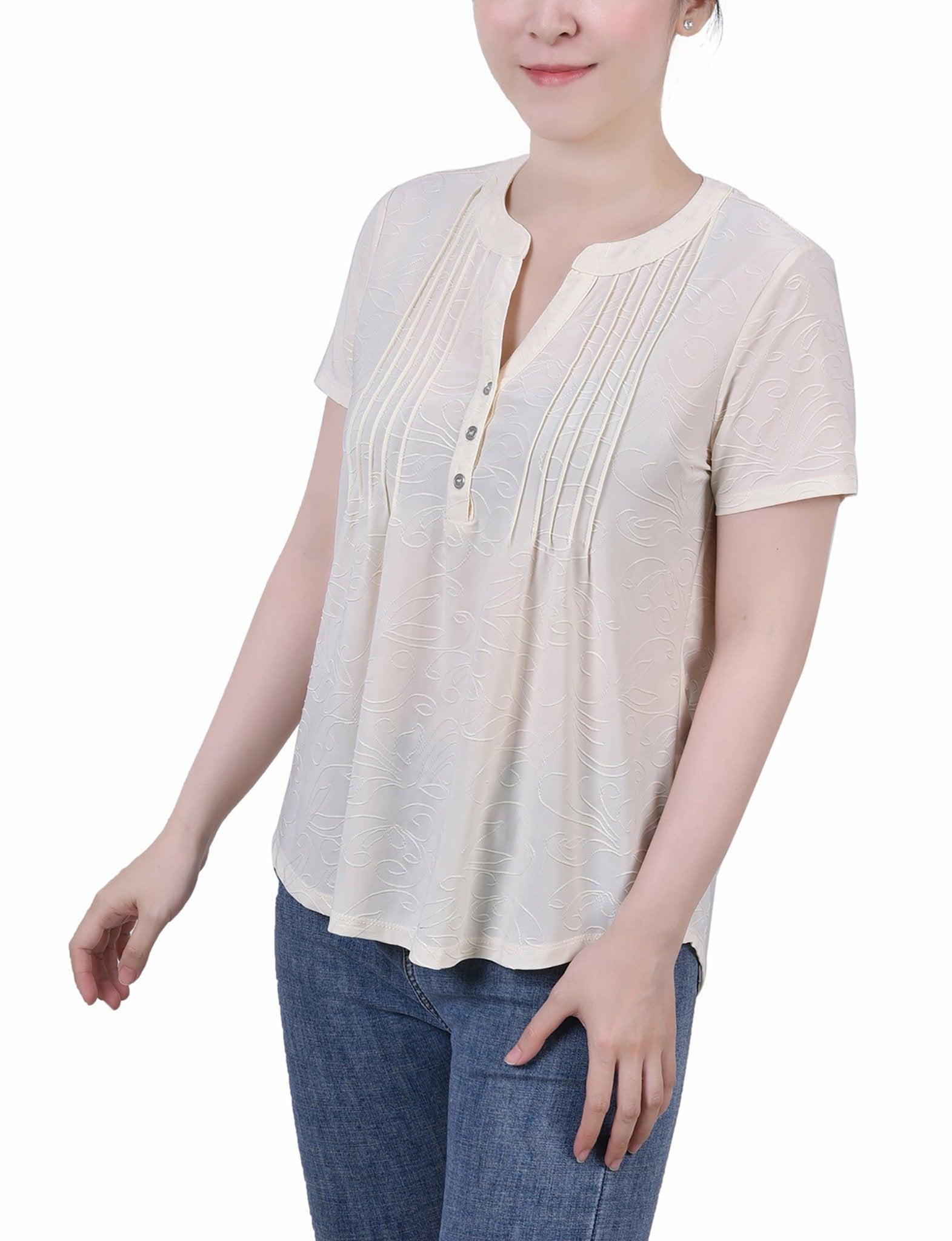 Pristine Short Sleeve Y Neck Jacquard Knit Top - Petite Product Image