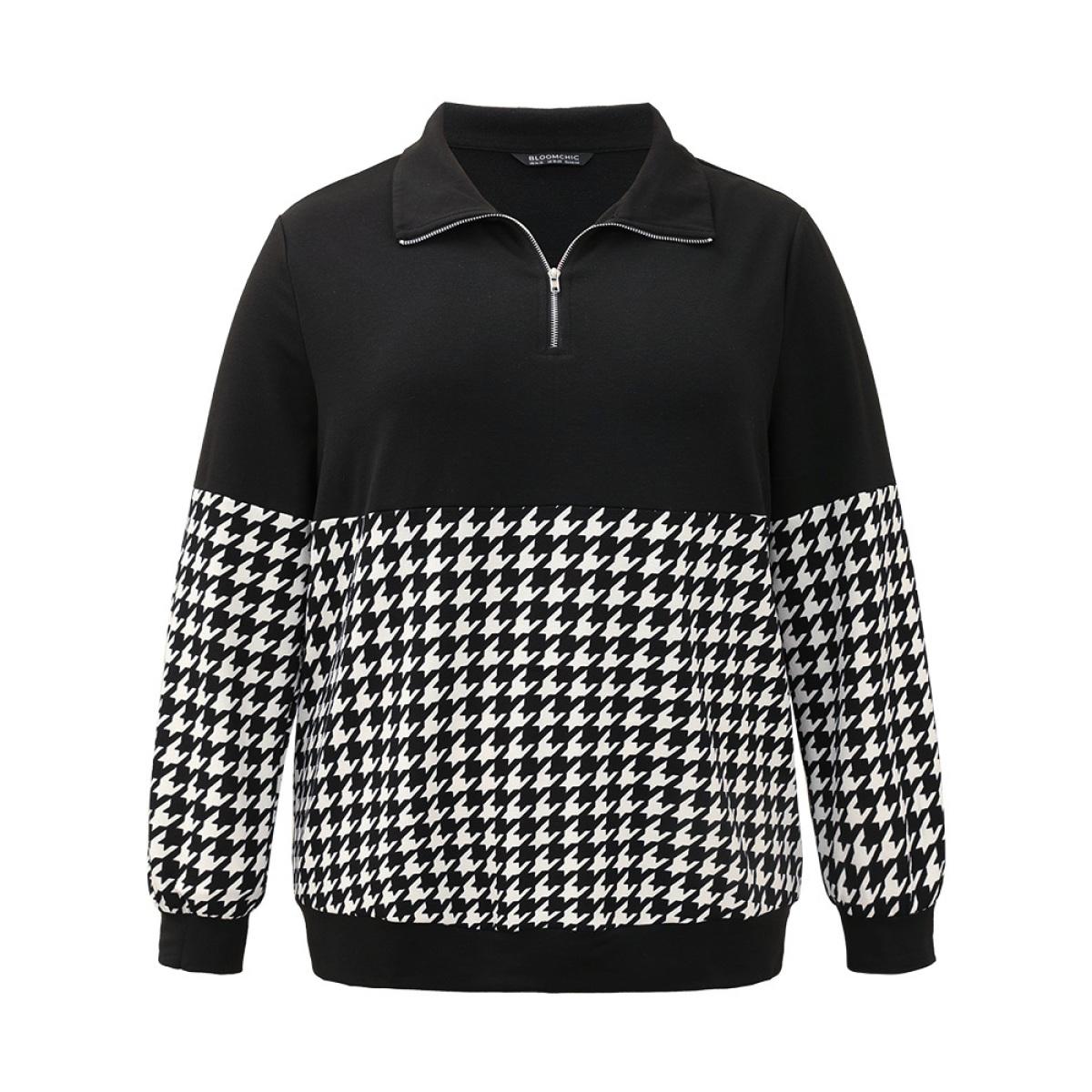 Plus Size Houndstooth Patchwork Half Zip Sweatshirt Women Black Casual Elastic cuffs Polo Dailywear Sweatshirts BloomChic 26/4X Product Image