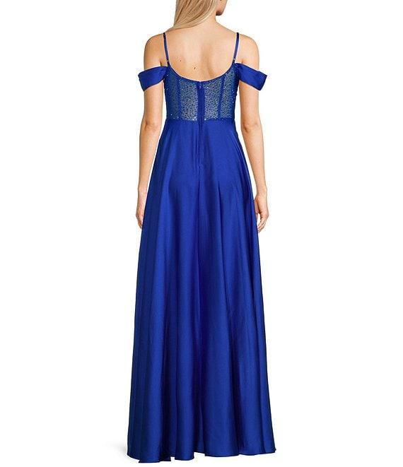 B. Darlin Satin Stone Detail Spaghetti Strap Off-Shoulder Bubble Skirt Dress Product Image