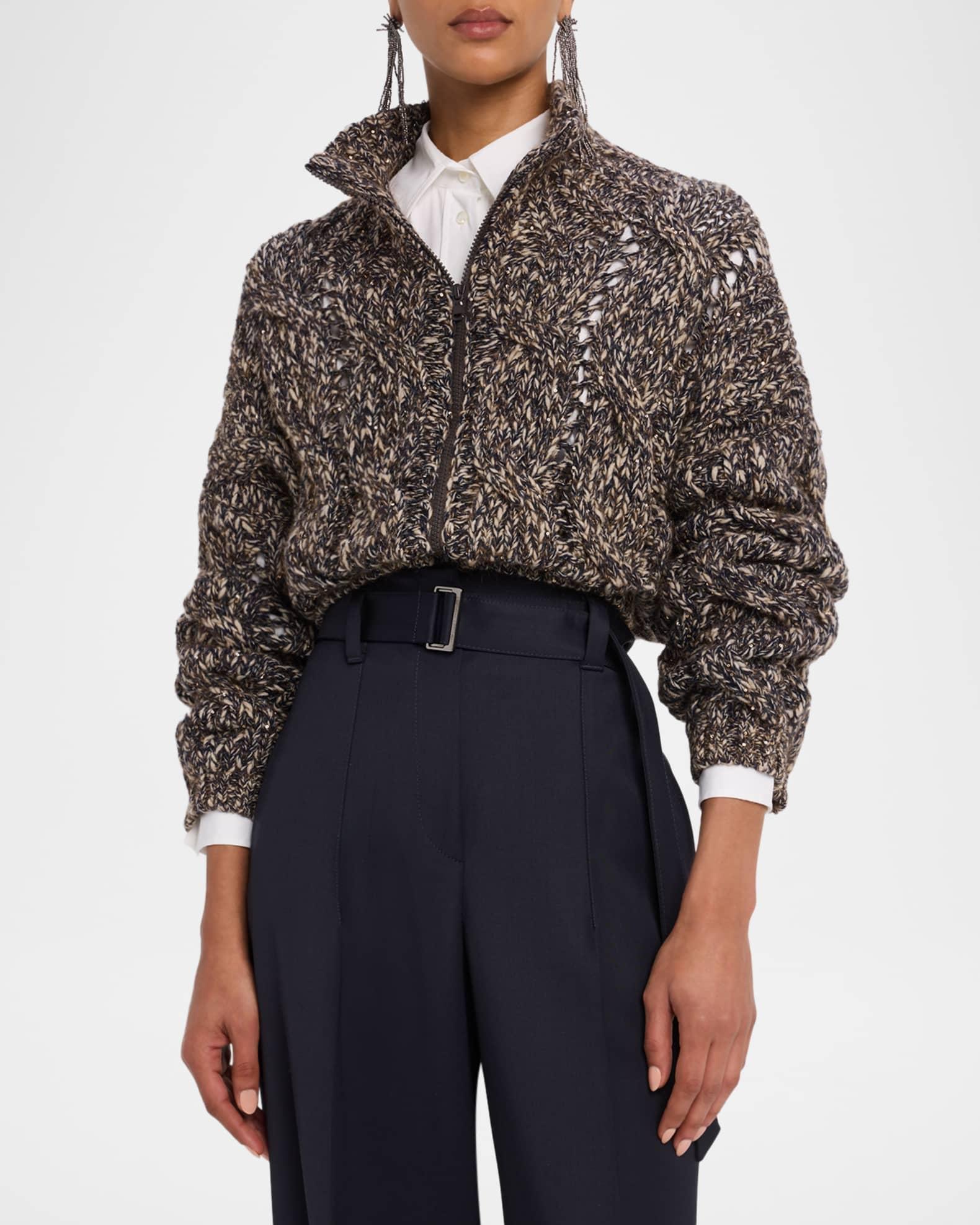 Paillette Marbled Mohair Cable Knit Zip Cardigan Product Image