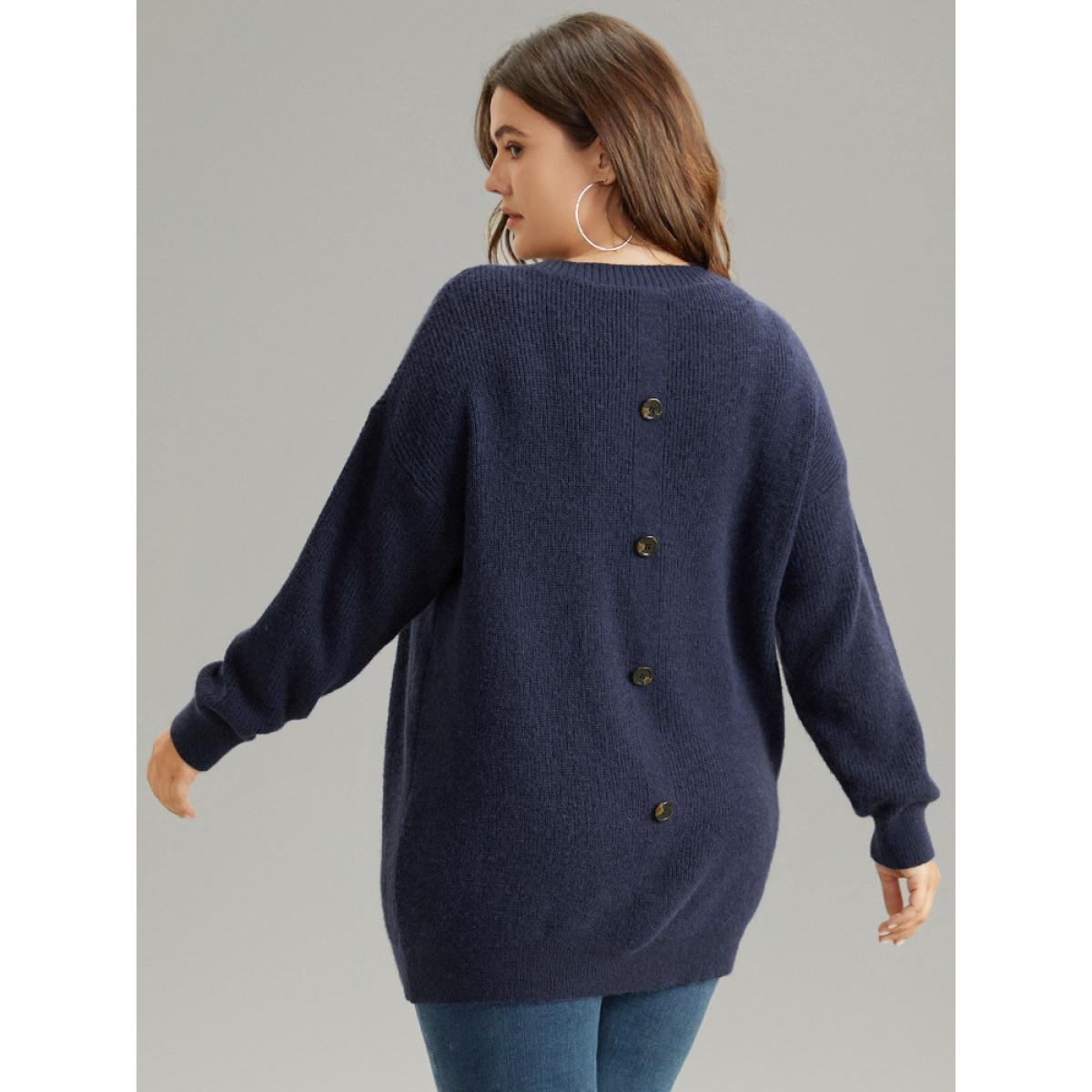 Plus Size Anti-Pilling Solid Cable Knit Button Detail Pullover Indigo Women Casual Loose Long Sleeve V-neck Dailywear Pullovers BloomChic 26/4X Product Image