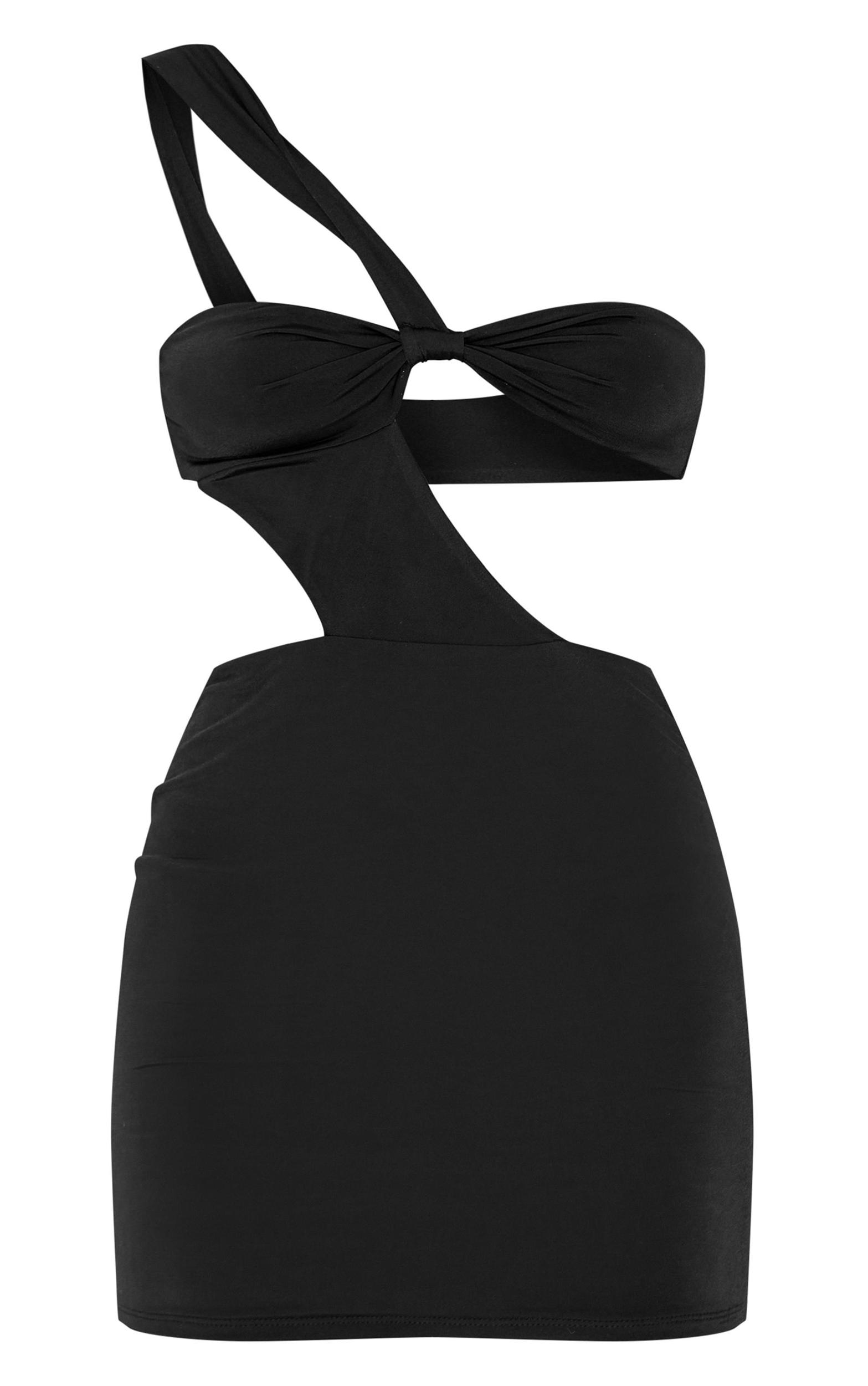 Black Slinky One Shoulder Twist Bodycon Dress Product Image