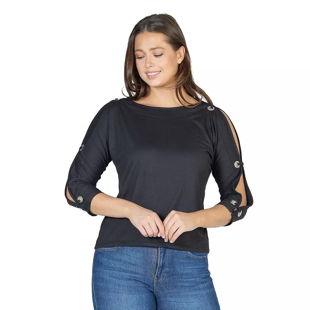 Women's 24Seven Comfort Apparel Three-Quarter Sleeve Boatneck Cold Shoulder Top,  Product Image
