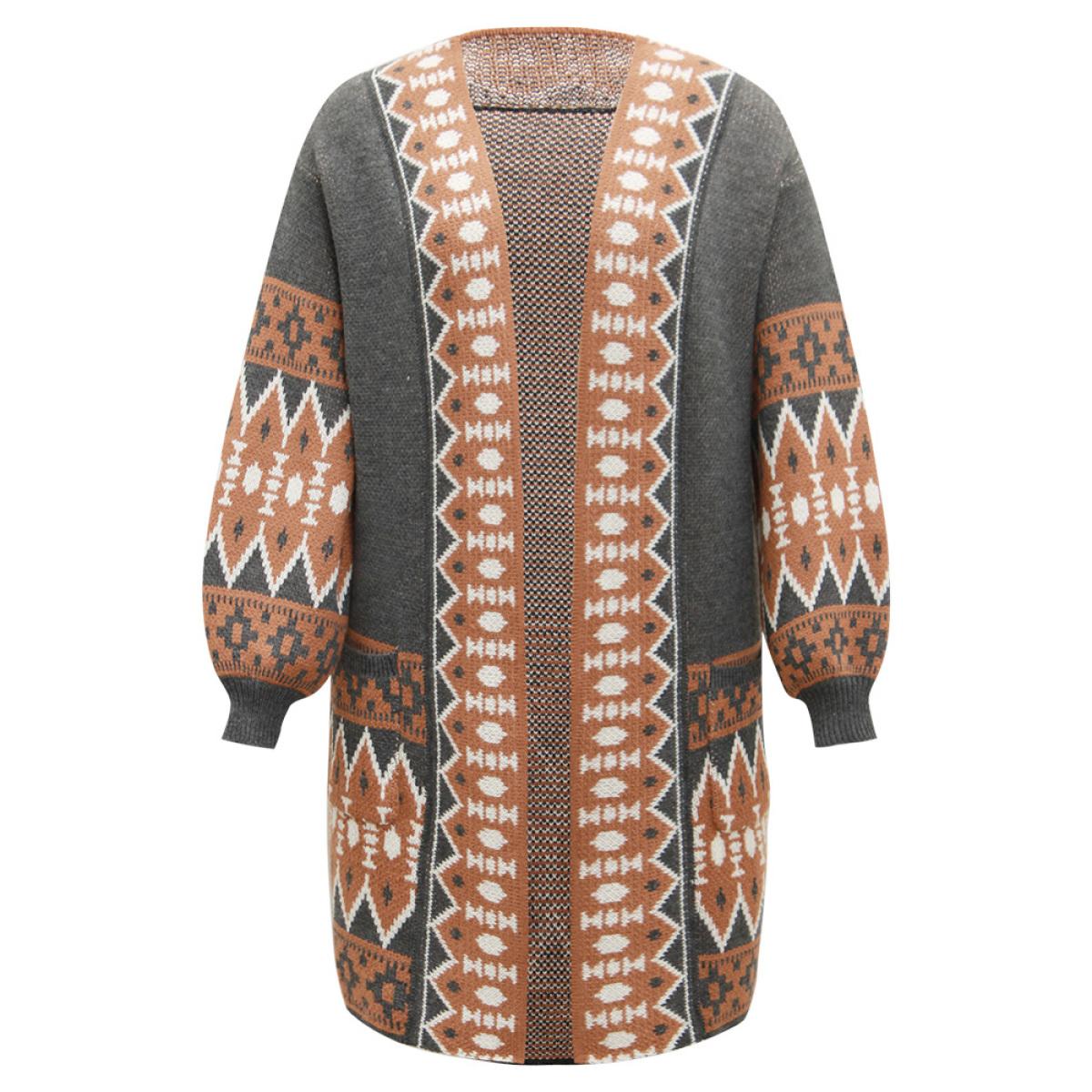 Plus Size Contrast Geometric Pocket Open Front Cardigan DimGray Women Casual Loose Long Sleeve Dailywear Cardigans BloomChic 12/L Product Image