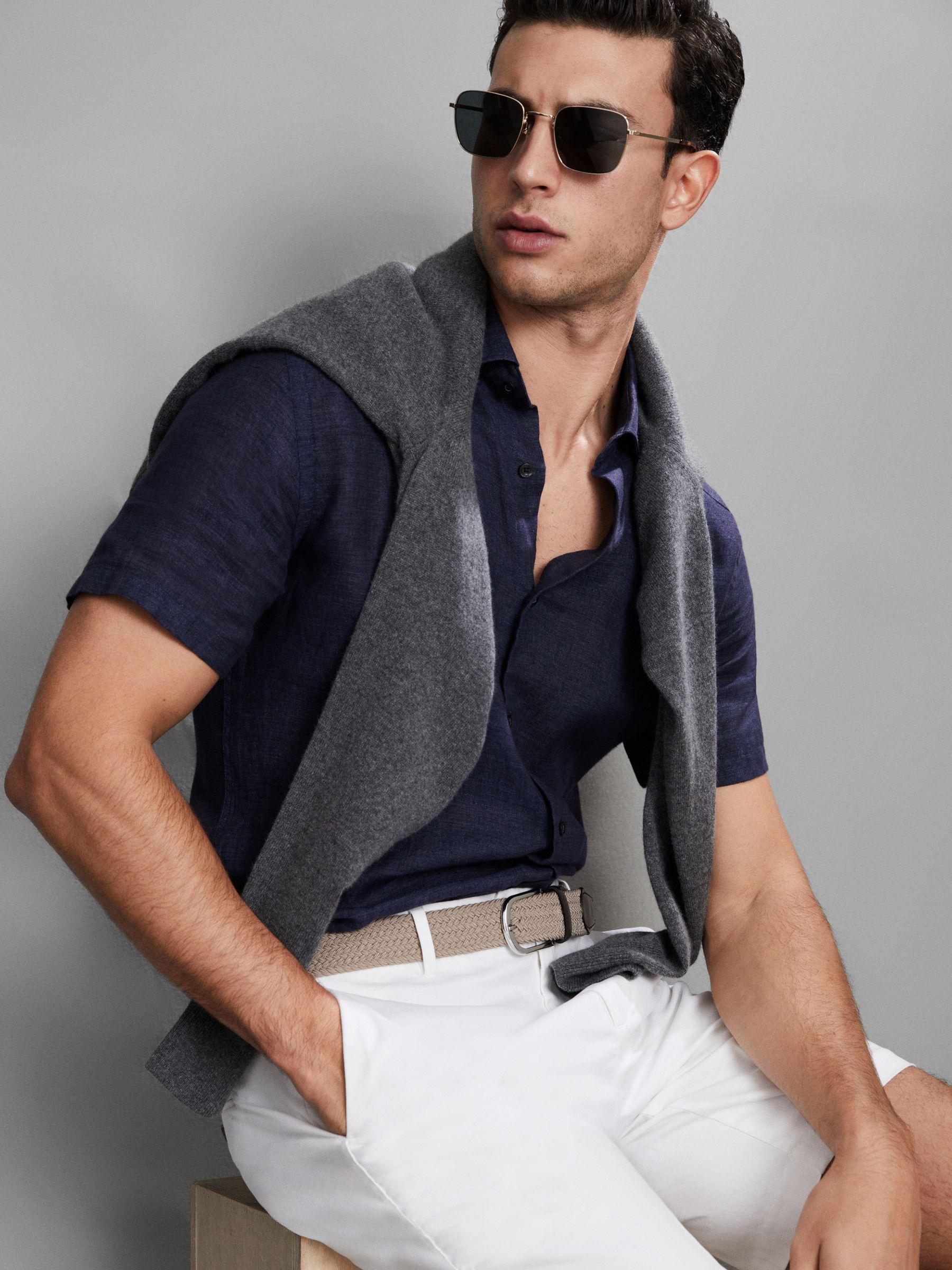Slim Fit Linen Button-Through Shirt in Navy Product Image