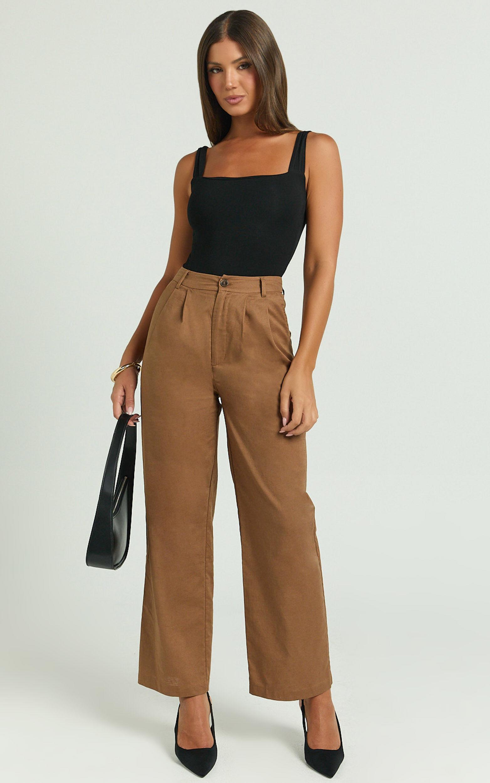 Celenia Linen Blend Pants - High Waisted Wide Leg Pants in Tobacco Product Image