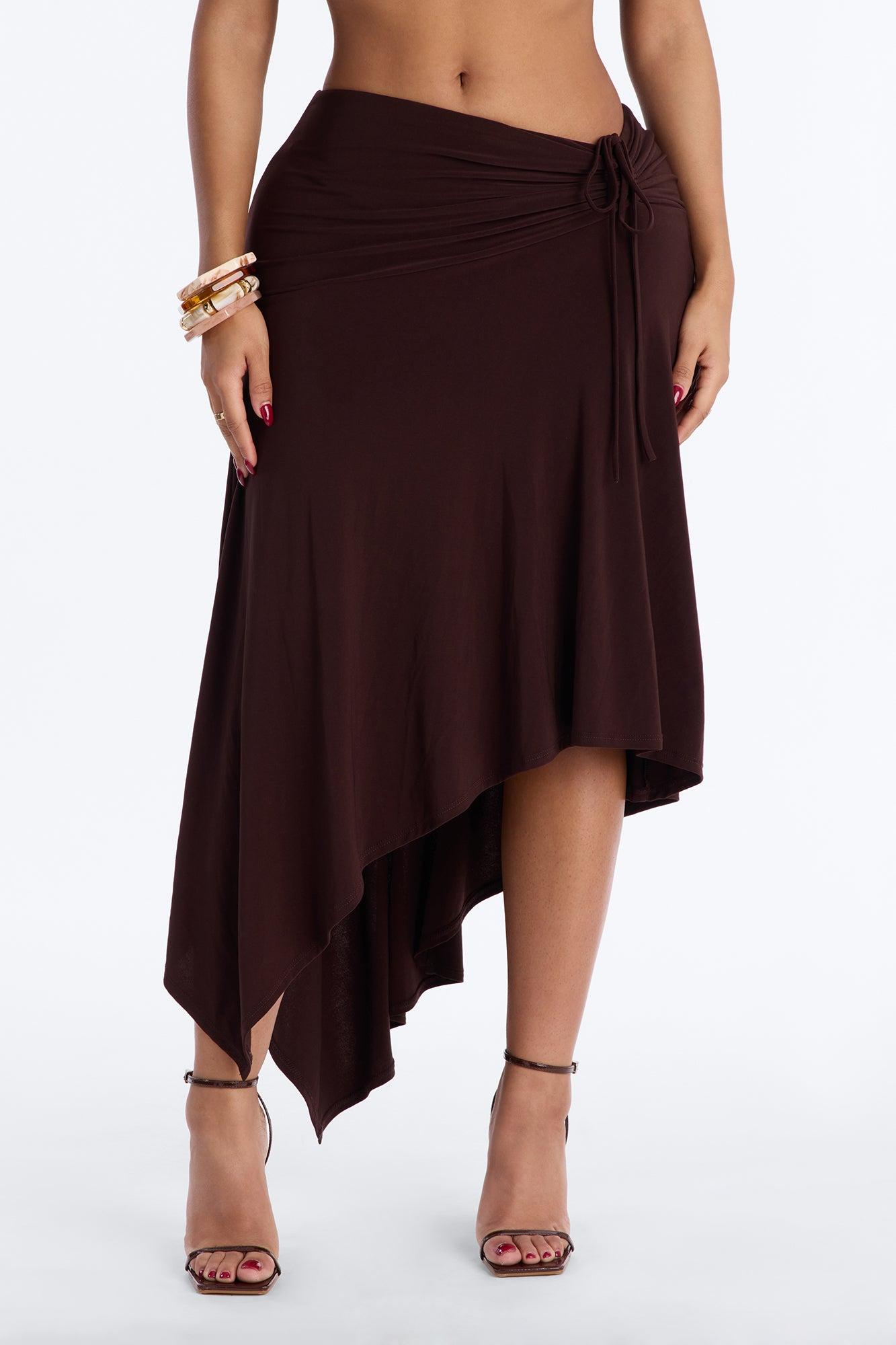 Leila Ruched Asymmetrical Midi Skirt - Chocolate Female Product Image