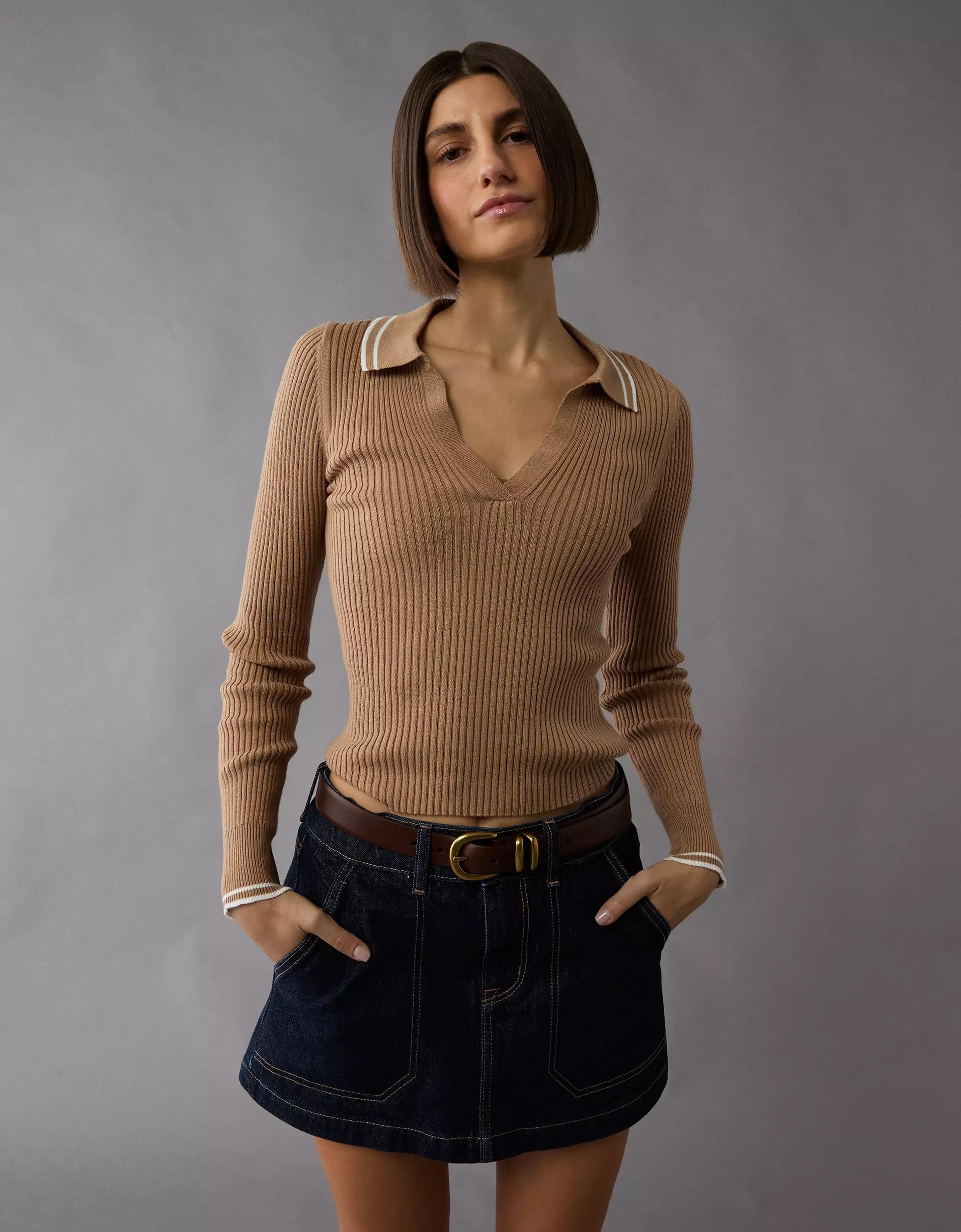 AE Long-Sleeve Collared Polo Sweater Product Image