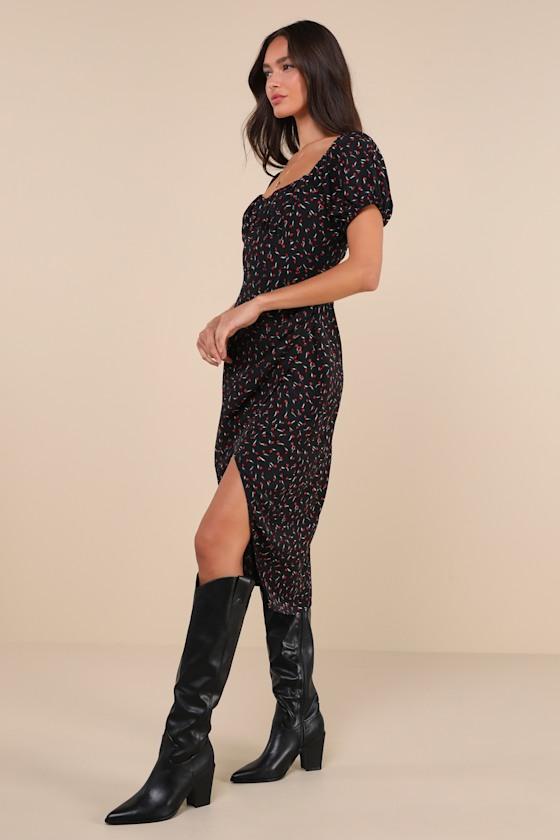 Compelling Flirt Black Floral Lace-Up Puff Sleeve Midi Dress Product Image