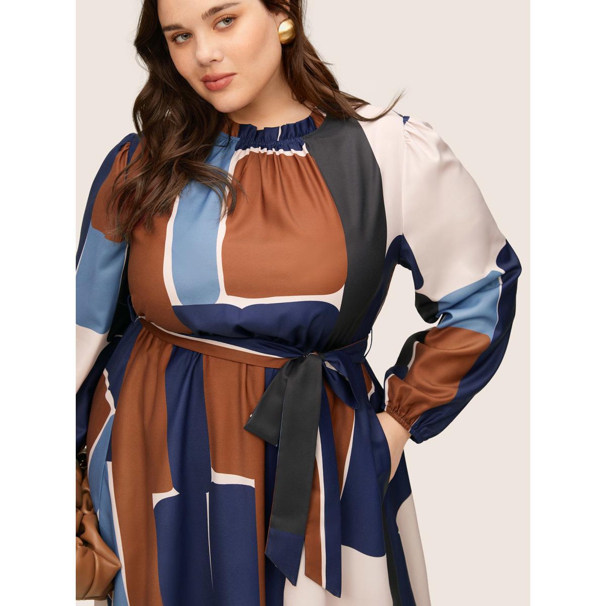 Plus Size Colorblock Contrast Gathered Frill Trim Belted Dress Multicolor Women Elegant Non Mock Neck Long Sleeve Curvy Midi Dress BloomChic 30/6X Product Image