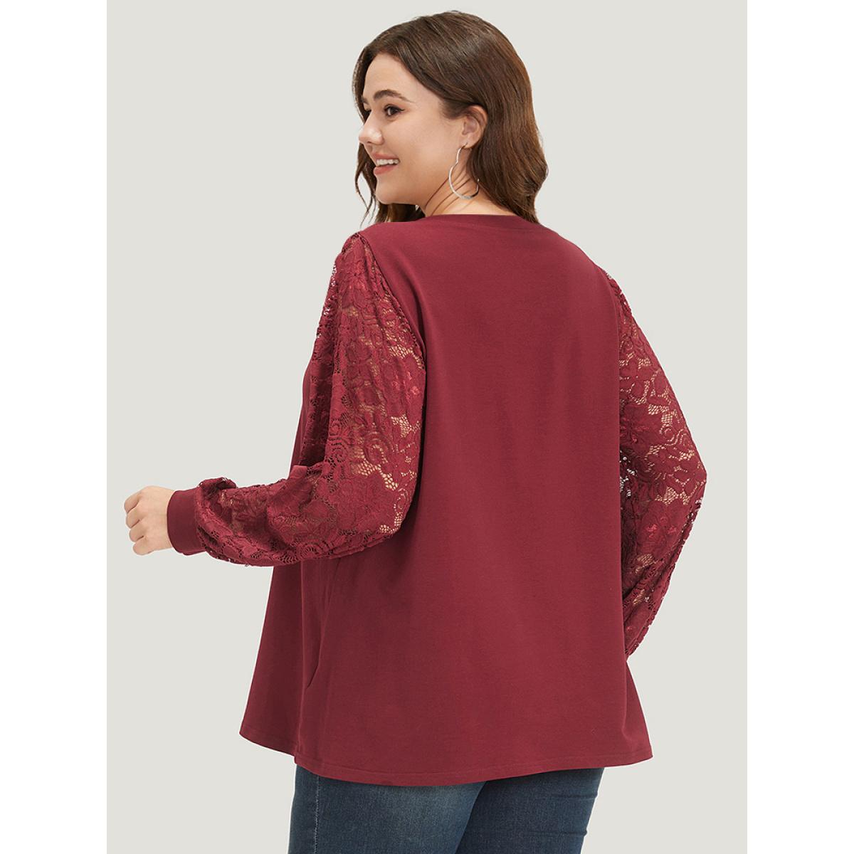 Plus Size Solid Crochet Lace Mesh Round Neck Sweatshirt Women Scarlet Elegant Elastic cuffs Round Neck Dailywear Sweatshirts BloomChic 28/5X Product Image