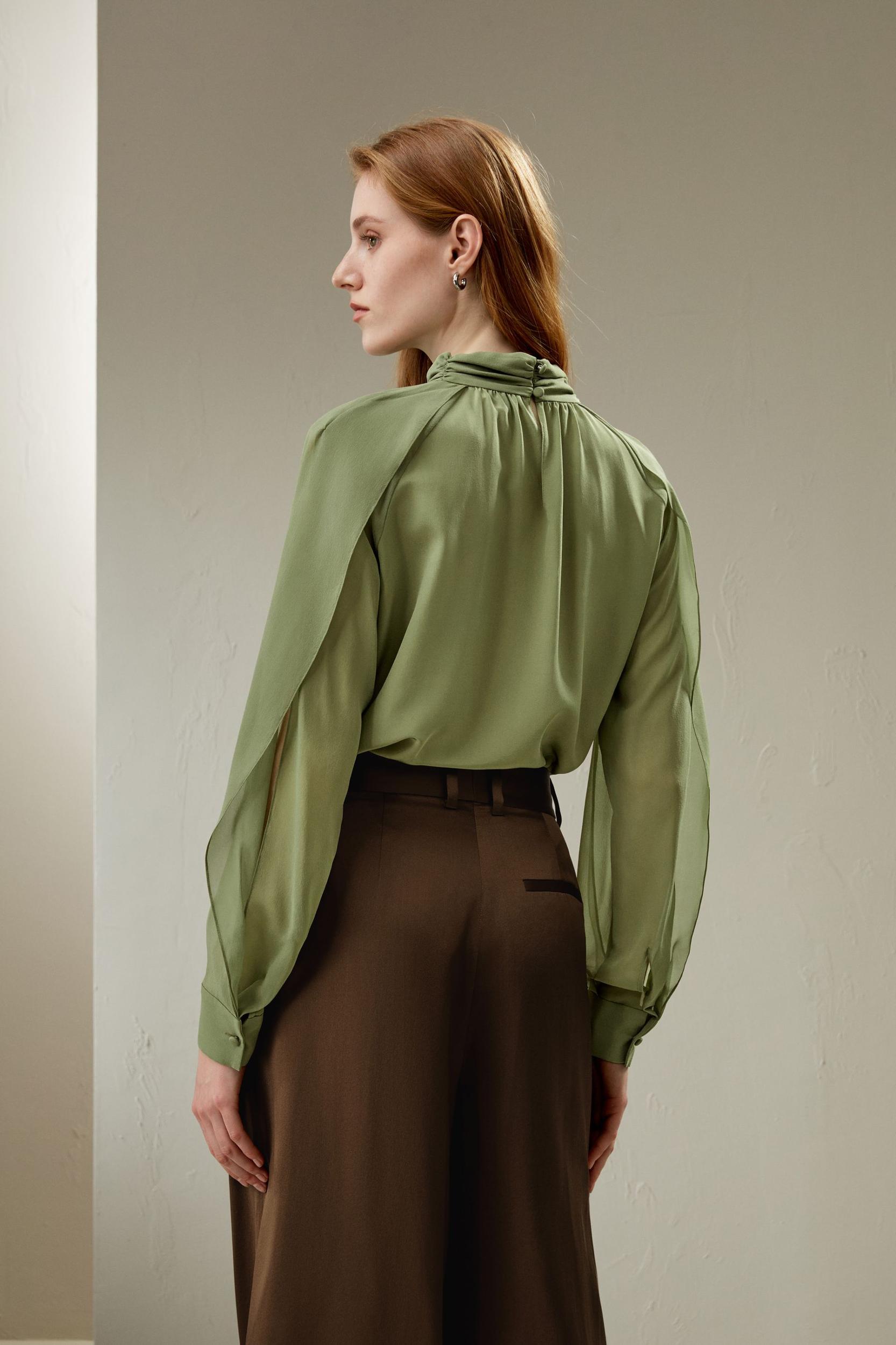 LILYSILK Women's Silk Crepe Side Slit Lantern Sleeve Blouse Top Pistachio XXS Product Image