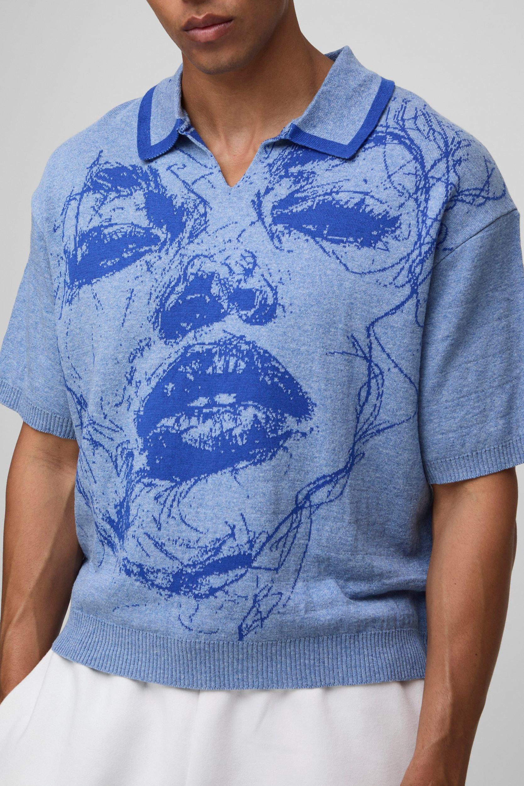 Oversized Boxy Face Jacquard Knitted Polo | boohooMAN USA Product Image