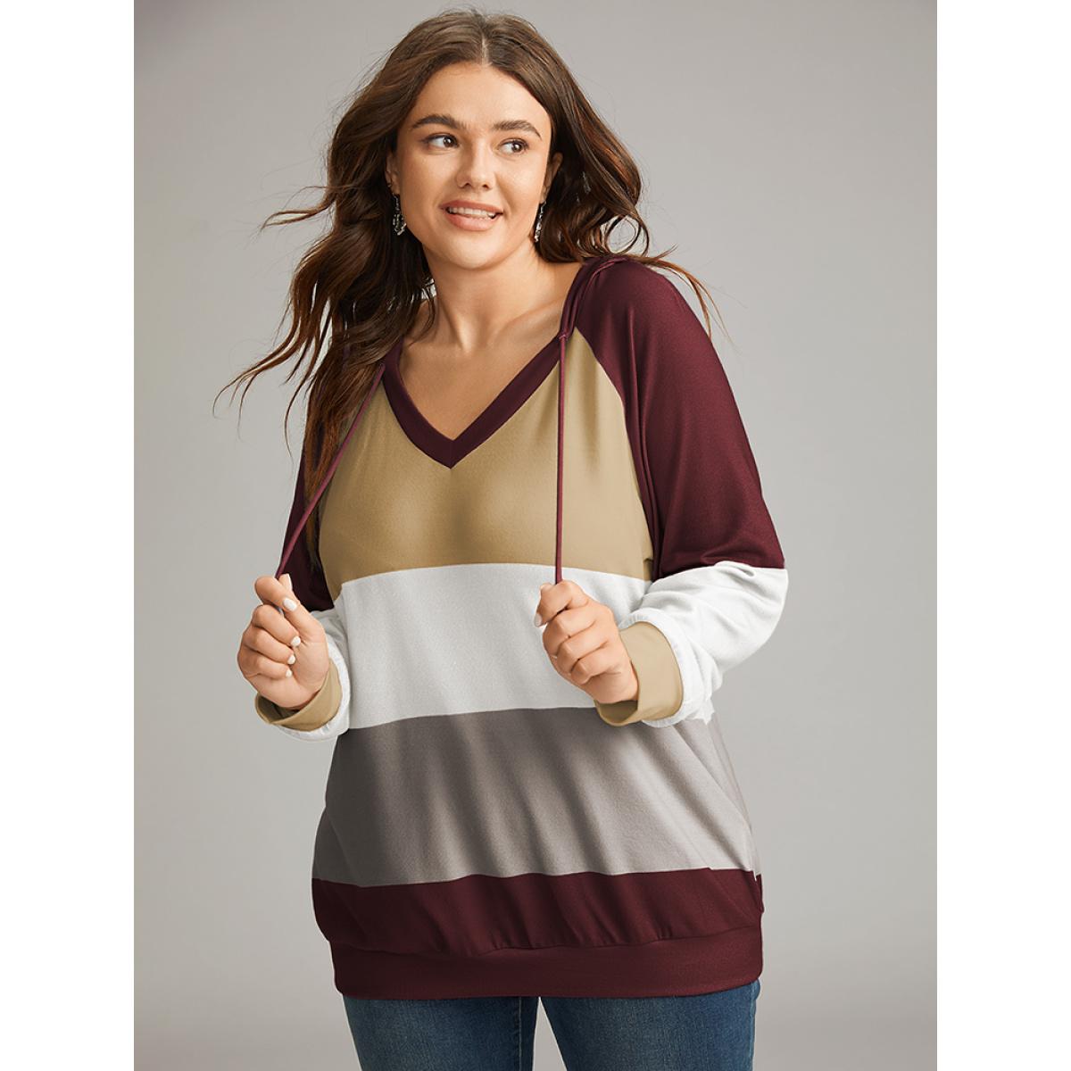 Plus Size Colorblock Contrast Hooded Drawstring Sweatshirt Women Red Casual Contrast Hooded Dailywear Sweatshirts BloomChic 22-24/3X Product Image