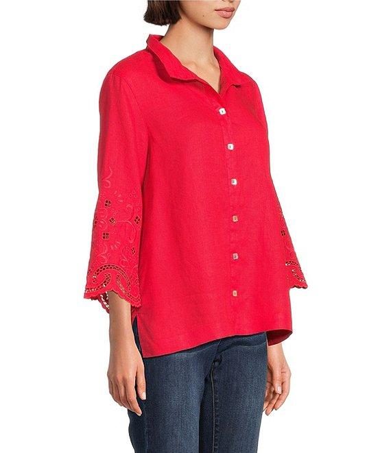 John Mark Wire Collar 3/4 Sleeves Embroidered Eyelet Shirt Product Image