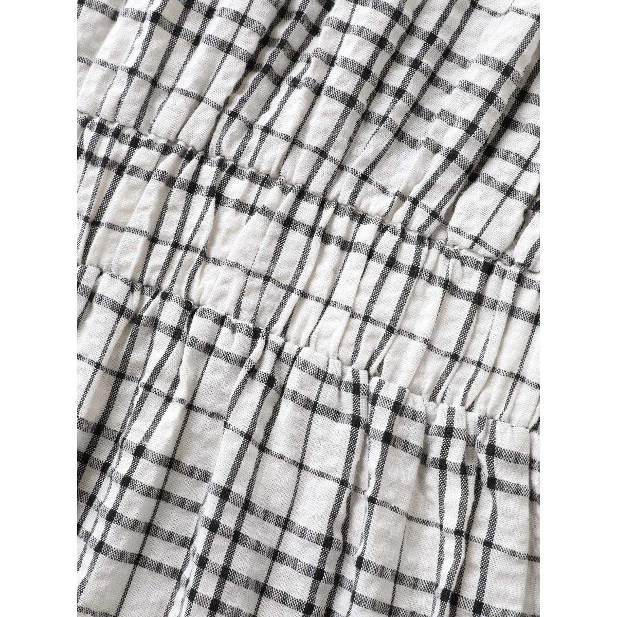 Plus Size Ivory Cotton Plaid Sculpted Button Placket Blouse Women Short sleeve Shirt collar Work Blouses BloomChic 30/6X Product Image