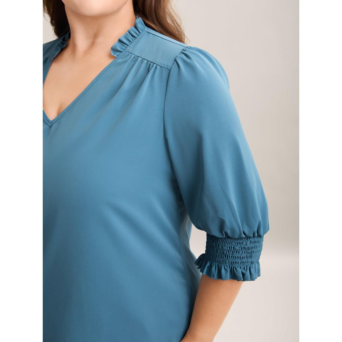 Plus Size Cerulean Shirred Sleeve Collared Plain Blouse Women At the Office Elbow-length sleeve V-neck Work Blouses BloomChic 22-24/3X Product Image